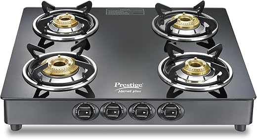 Prestige Marvel Plus 4 Burner GTM 04 SQ Glasstop Gas Stove|Superior Toughened Glass|Jumbo Brass Burner|360 Degree Revolving Nozzle|Spill Proof…