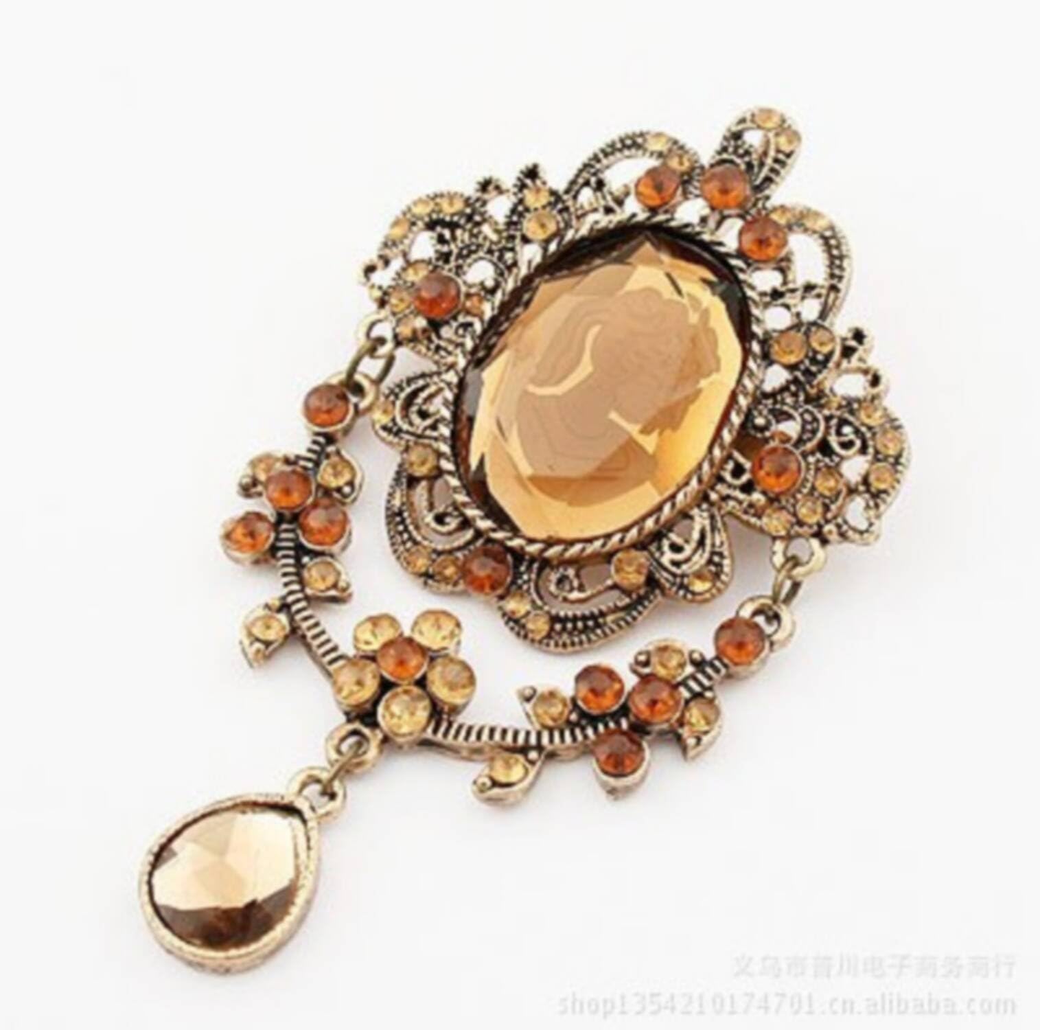Vintage Court Orange Rhinestone Pendant Flower Brooch Pin Jewelry for Party Wedding Wear，100311