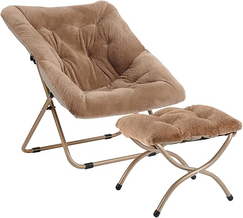 Miniatura 1 de Tiita Silla platillo con otomana, silla plegable de gran tamaño de piel sintética suave, silla perezosa, silla de luna con marco de metal para