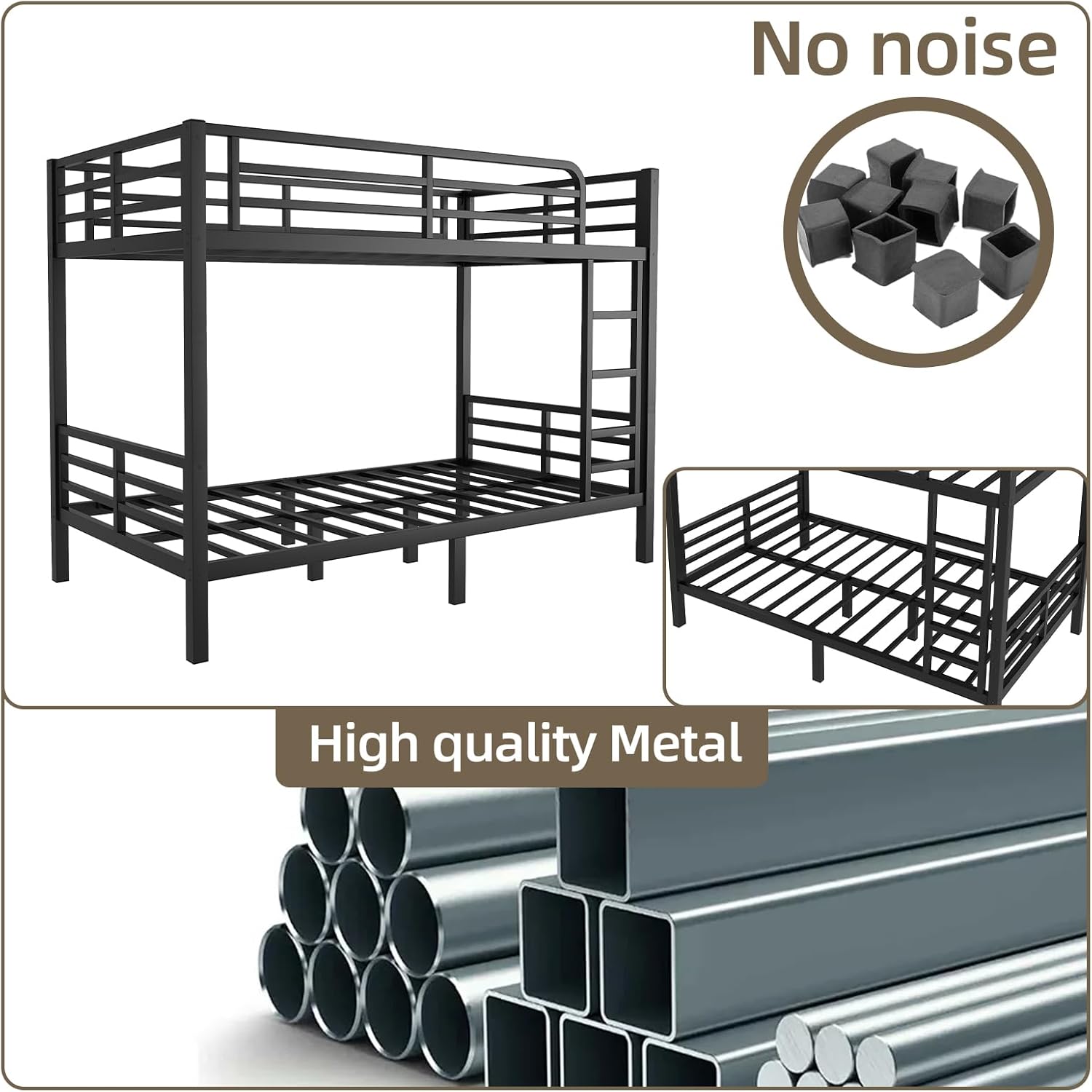 Image showing noise reduction caps for bed legs and a stack of high-quality metal tubes.