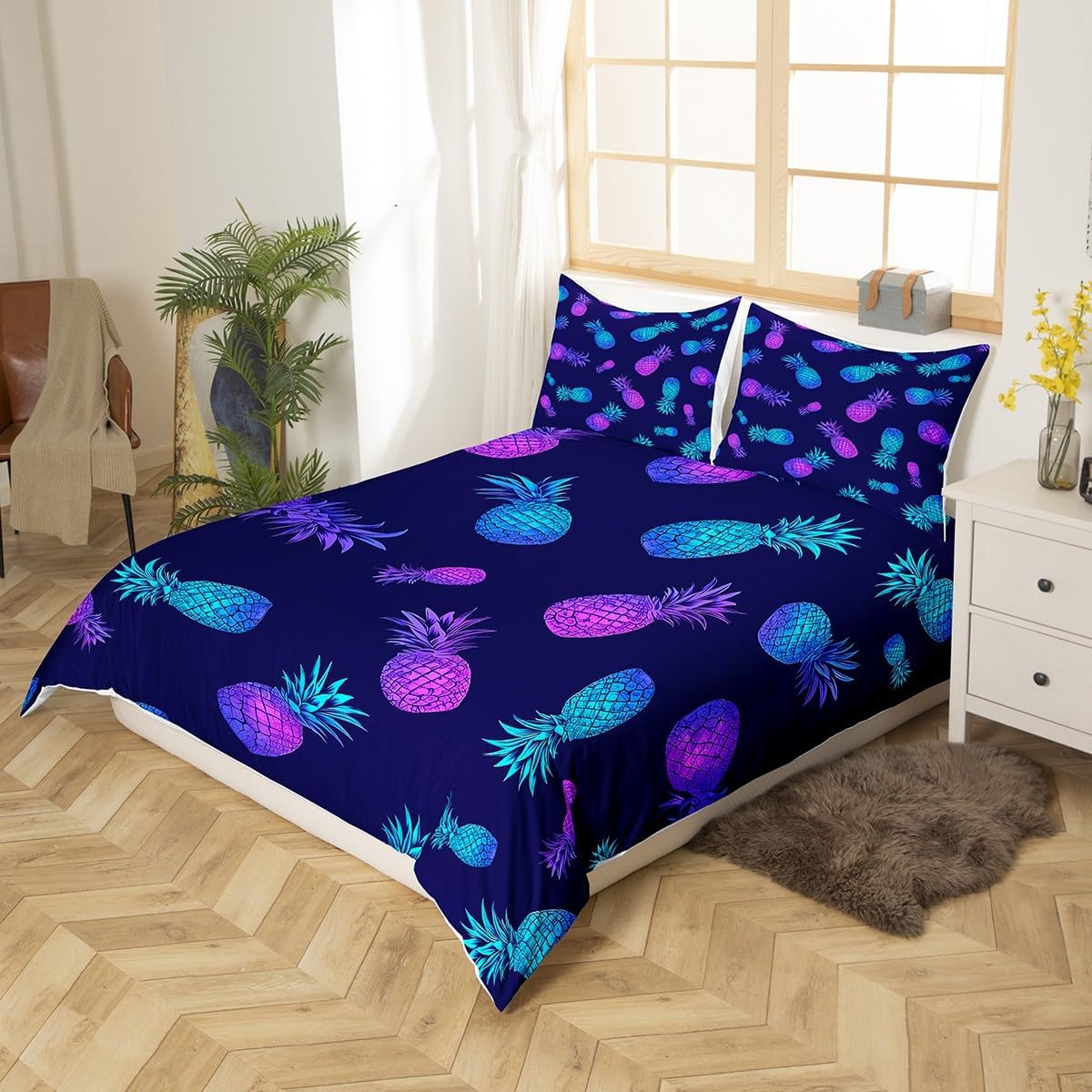 Feelyou Pineapple Comforter Cover Tropical Fruit Print Bedding Set Purple Blue Pineapple Pattern Duvet Cover for Kids Boys Girls Bohemian Exotic Style Room Decor Bedclothes Queen Size (No Comforter)
