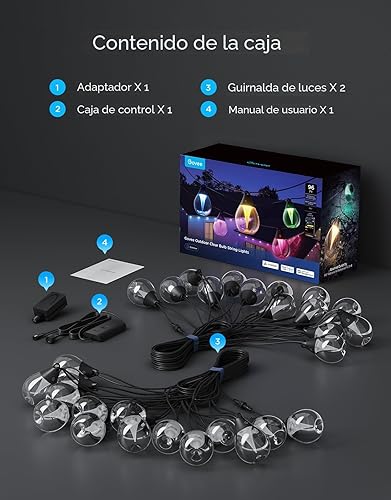 Miniatura 9 de Govee Tira de luces transparentes para exteriores, 96 pies, RGBWIC para exteriores con 30 bombillas LED blancas cálidas regulables, 111 modos de