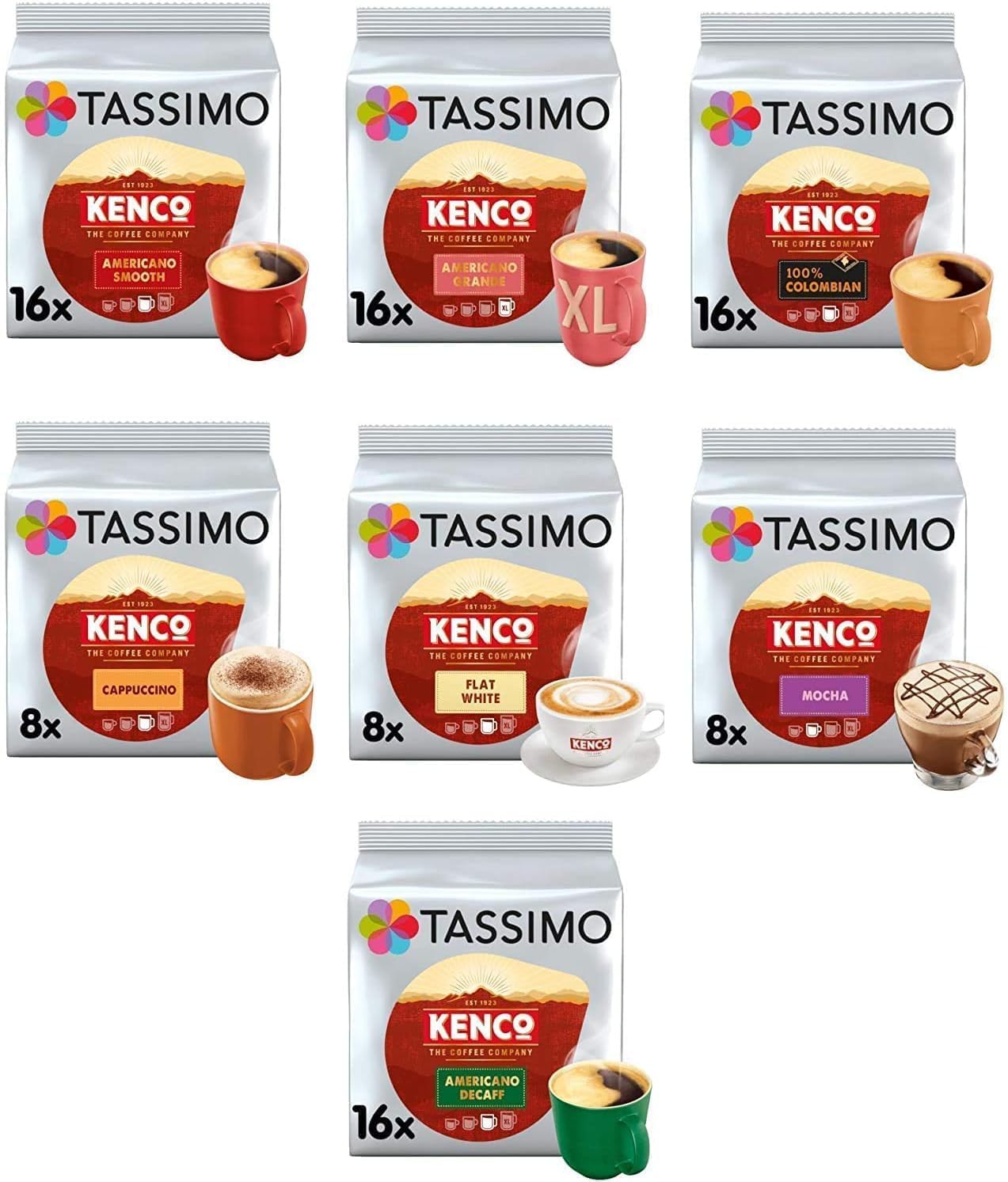 Tassimo Coffee, Tea, Chocolate Pods. Pick Any 3 Packs from 50+ Blends Including Kenco, Costa, Jacobs, Hot Chocolate, Chai latte, Baileys, Cadbury, Milka, Oreo, Cafe Hag and More.