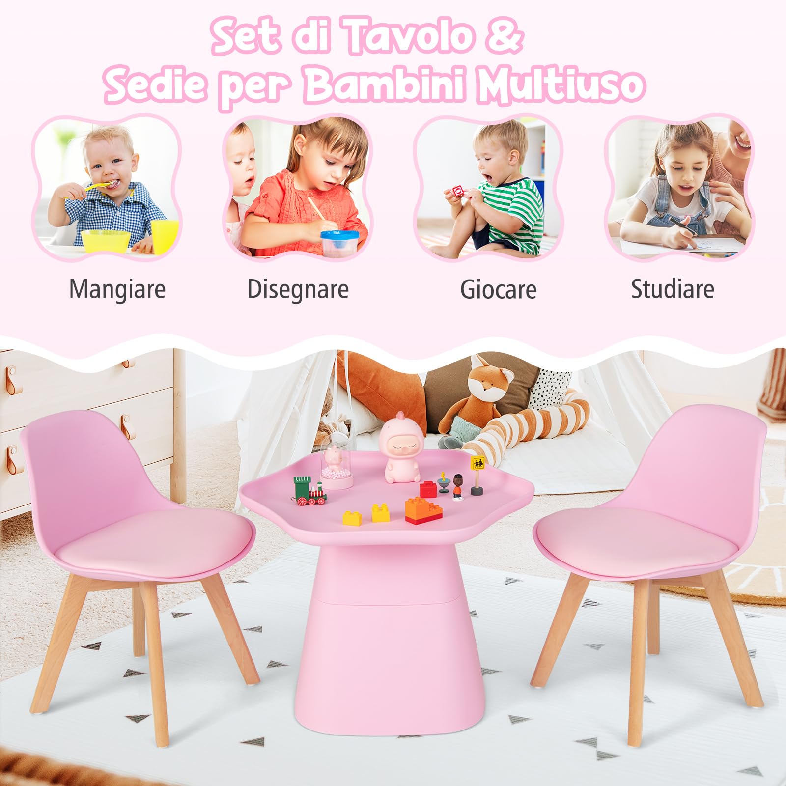 RELAX4LIFE Set Tavolo e Sedie Bambini 3 Pezzi Tavolino 2 Sedie Gambe Legno Faggio Seduta Similpelle 2 cm