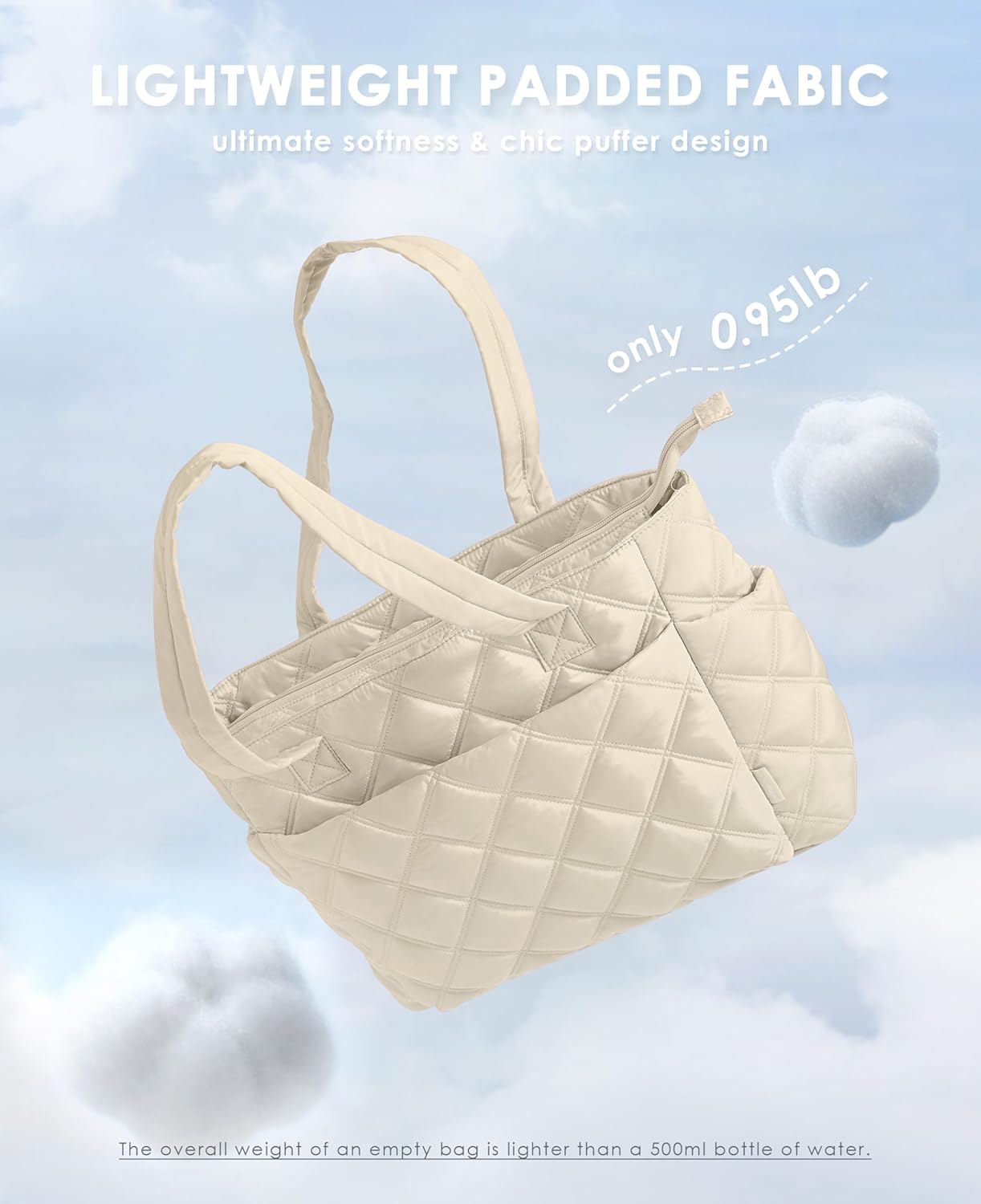 Tote Bag for Women, Lightweight Puffer Tote Work Bags with Compartments for Travel, Quilted Shoulder Bag with Zipper - Image 6