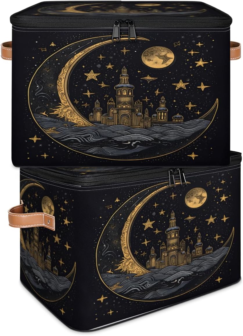 Storage Bin Set of 2 Vintage Moon Star Storage Basket with Zipper Lid & Handle Foldable Closet Shelf 2 Pack Cloth Organizer Basket Cube Bins Clothes Organizer for Bedroom, Nursery