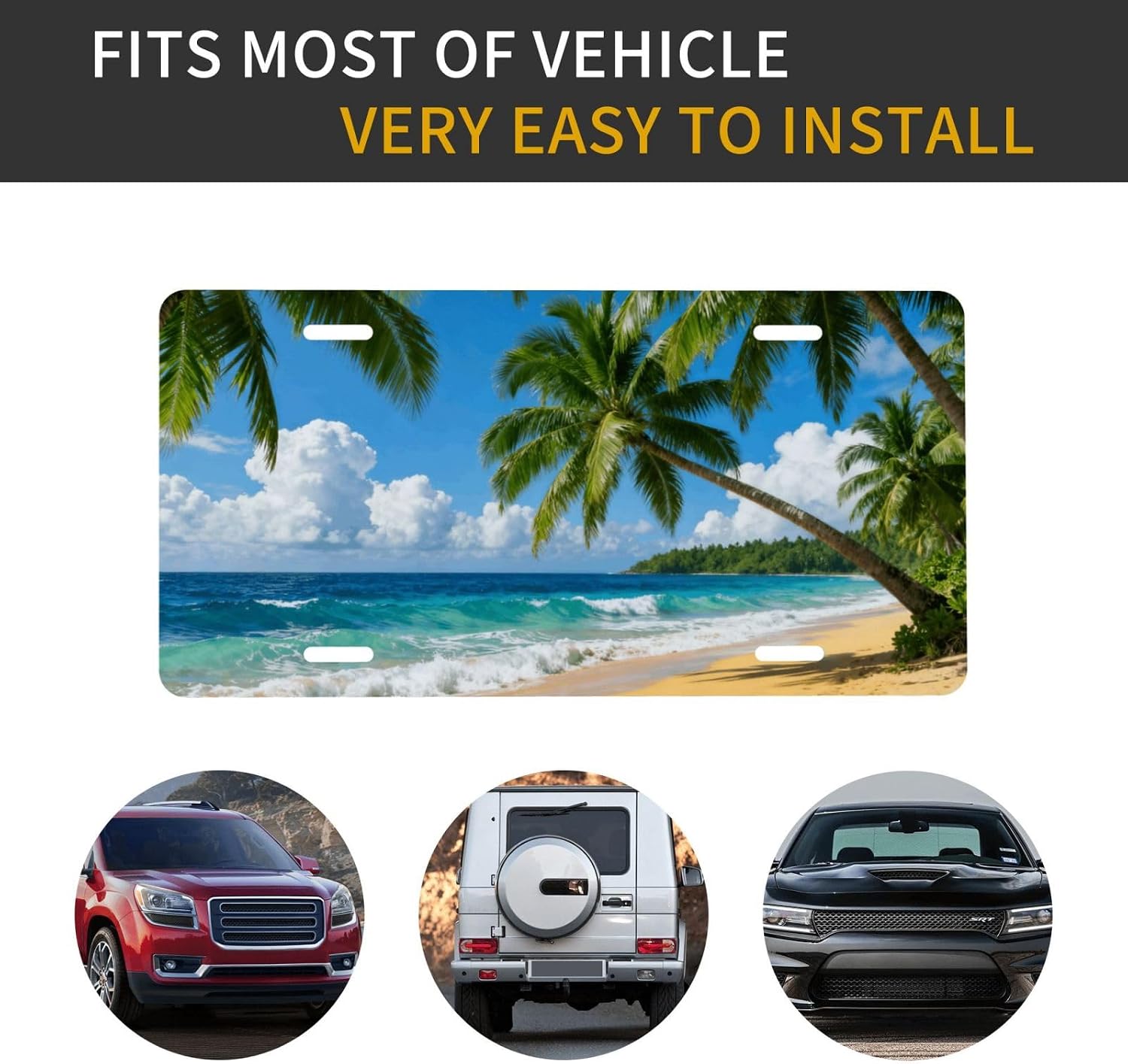 Beach Waves Front License Plate Car Decorative License Plates | Coconut Trees Aluminum Metal Decor Accessory Novelty Vanity Tag Cover with 4 Holes for Men Women 6" X 12"