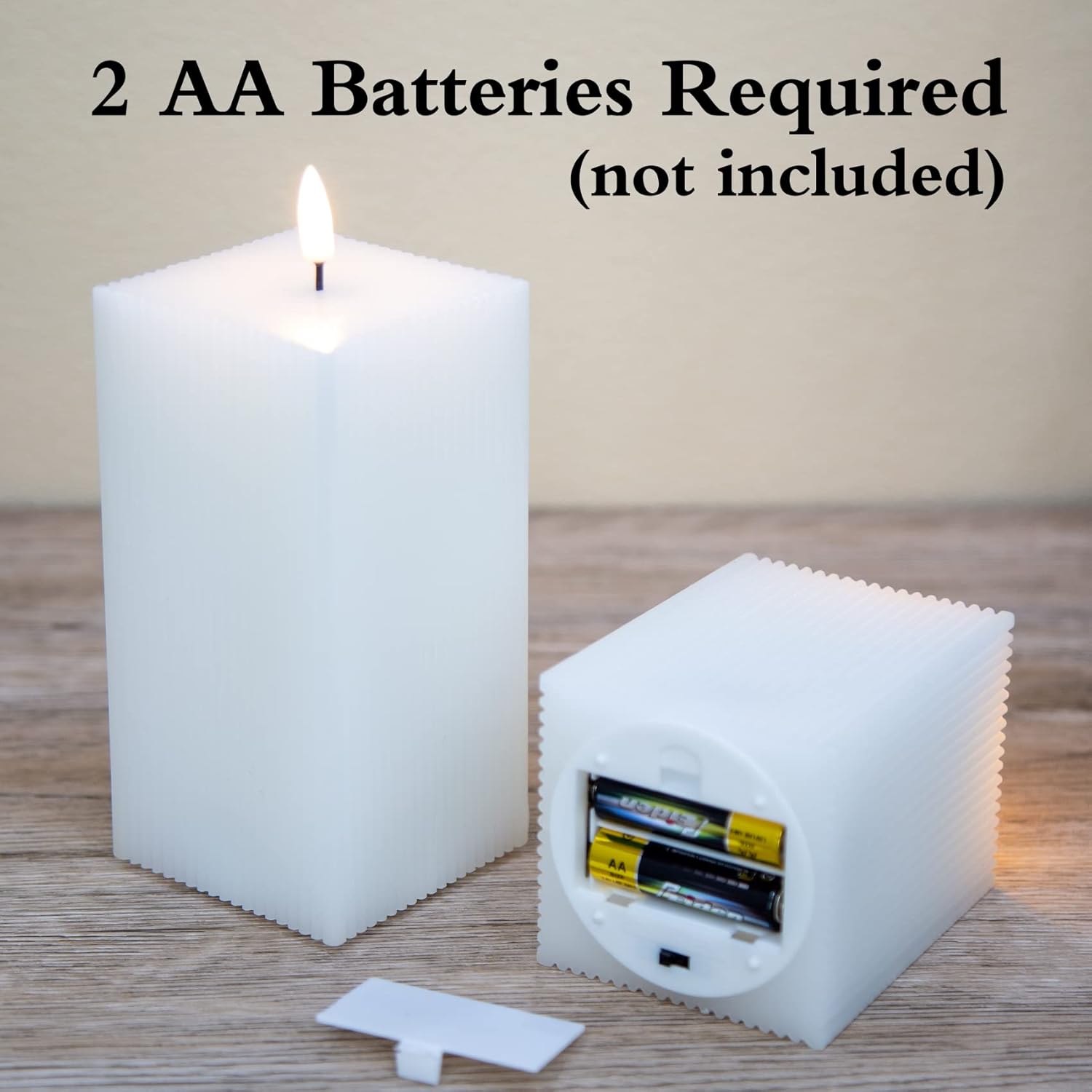 White Ribbed Flameless Candles with Remote, Battery LED Square Candles Set of 2, Flickering Real Wax Home Decor