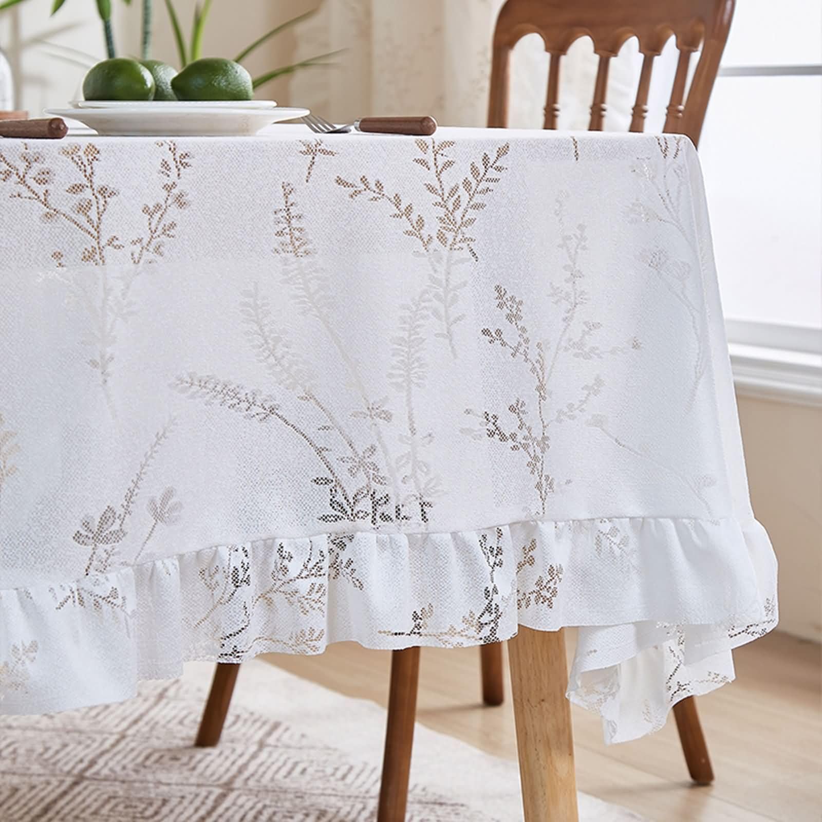 Mantel Lavable Rectangular Blanco, Patrón de Ramas de Encaje, de Poliéster Fácil de Limpiar, 132 x 259 cm, Mantel para Cocina