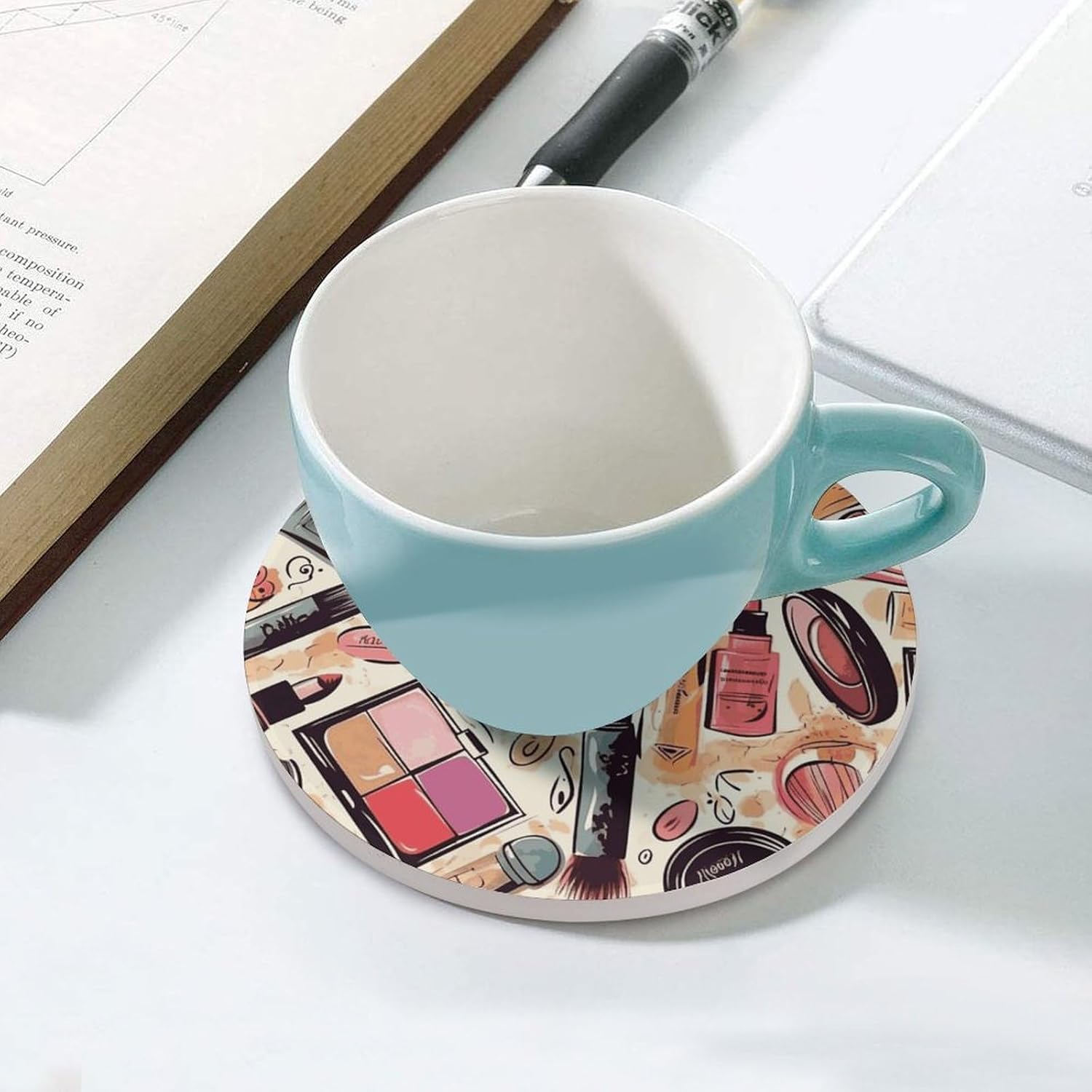 6PCS Cosmetic and Makeup Theme Pattern Coasters Non-Slip Round Drink Coasters with Ceramic Stone and Cork Base, Heat Resistant Absorbent 33.00Stone Coaster Set for Kinds of Mugs and Cups, 4 Inch