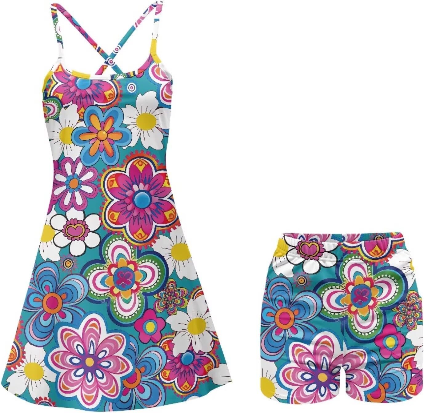 Womens Tennis Dress Summer Sleeveless Spaghetti Strap Golf Dress Built-in Shorts & Pockets for Workout Athletic
