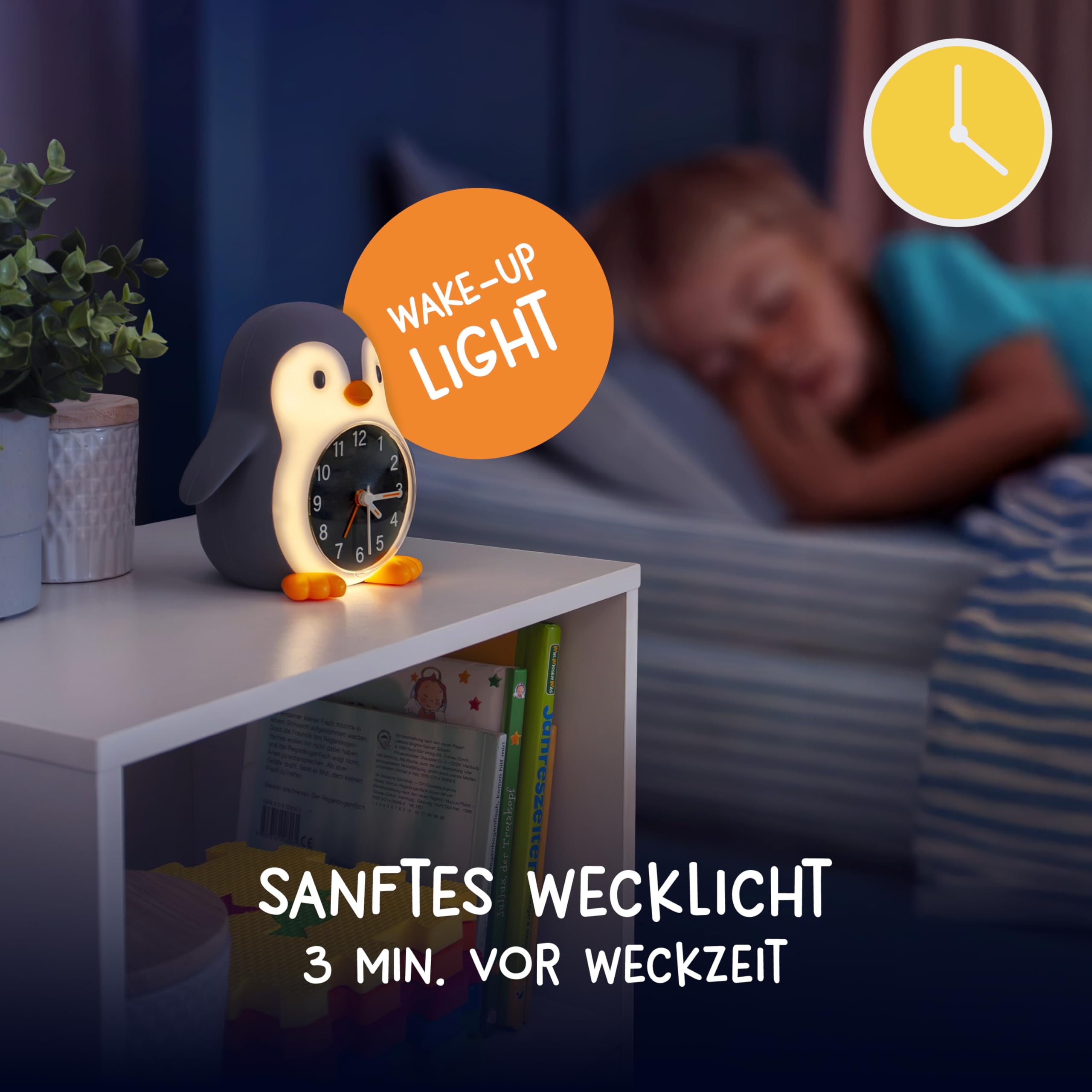MegaLight Kinderwecker mit Kindernachtlicht | 2in1 Wecker Kinder + warmweißes Nachtlicht Kinder mit 30-Min Sleeptimer | Sanftes Wake Up Light für natürliches & kindgerechtes Aufwachen | POPPY PENGUIN