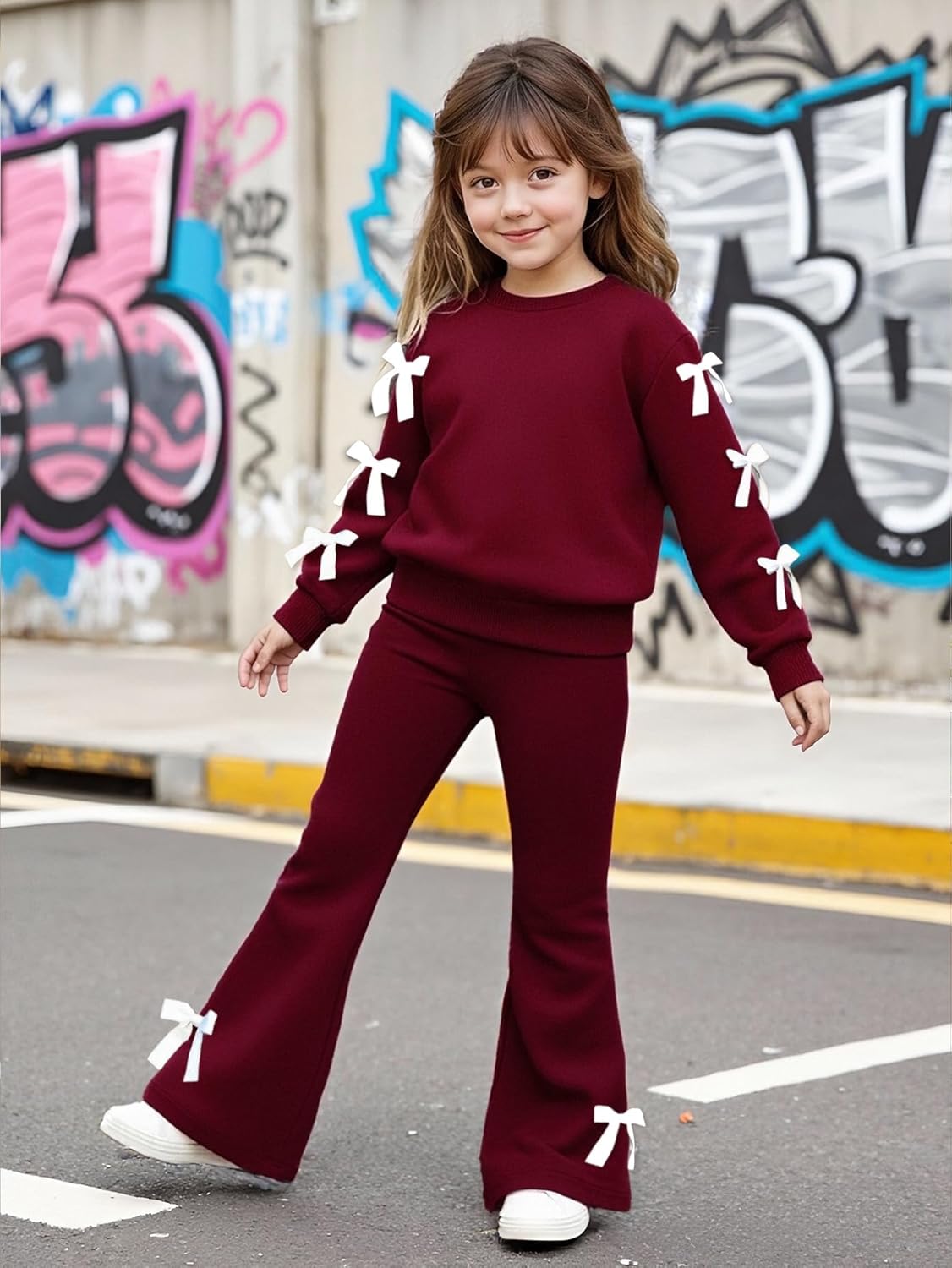Girls Long Sleeve Sweatshirt 2 Piece, Bow Graphic Top and Pants Spring Fall Fashion Casual Clothes. - Image 4