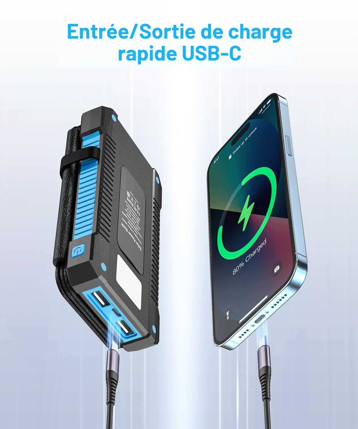 Chargeur Solaire 26800 mAh avec 4 Panneaux Solaires, Batterie Externe Solaire étanche avec Charge Rapide USB-C 18W pour Téléphones Portables, Tablettes, Ordinateurs.