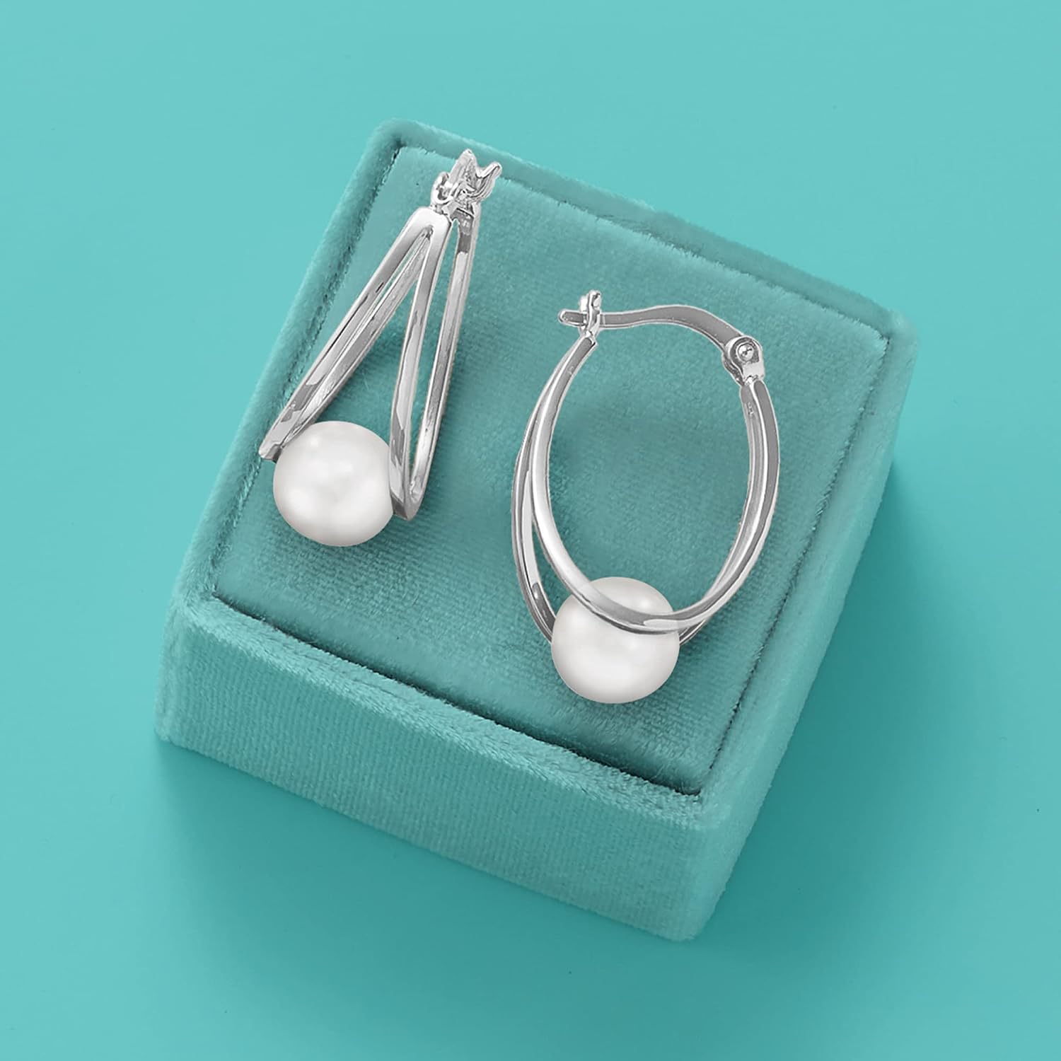 Ross-Simons Pearl Double Hoop Earrings in Sterling Silver