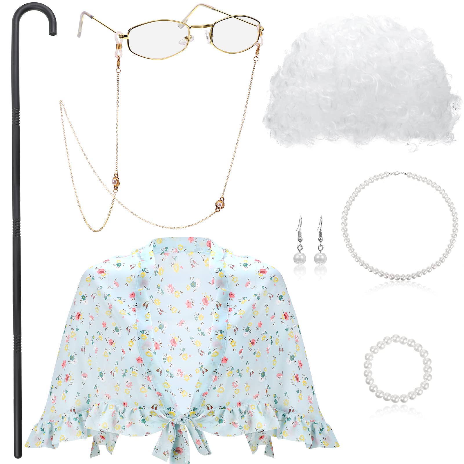 BBTO Old Lady Costume Granny Wig Grandma Shawl Inflatable Cane Frame Glasses with Chain Faux Pearl Necklace Bracelet Earrings(White)
