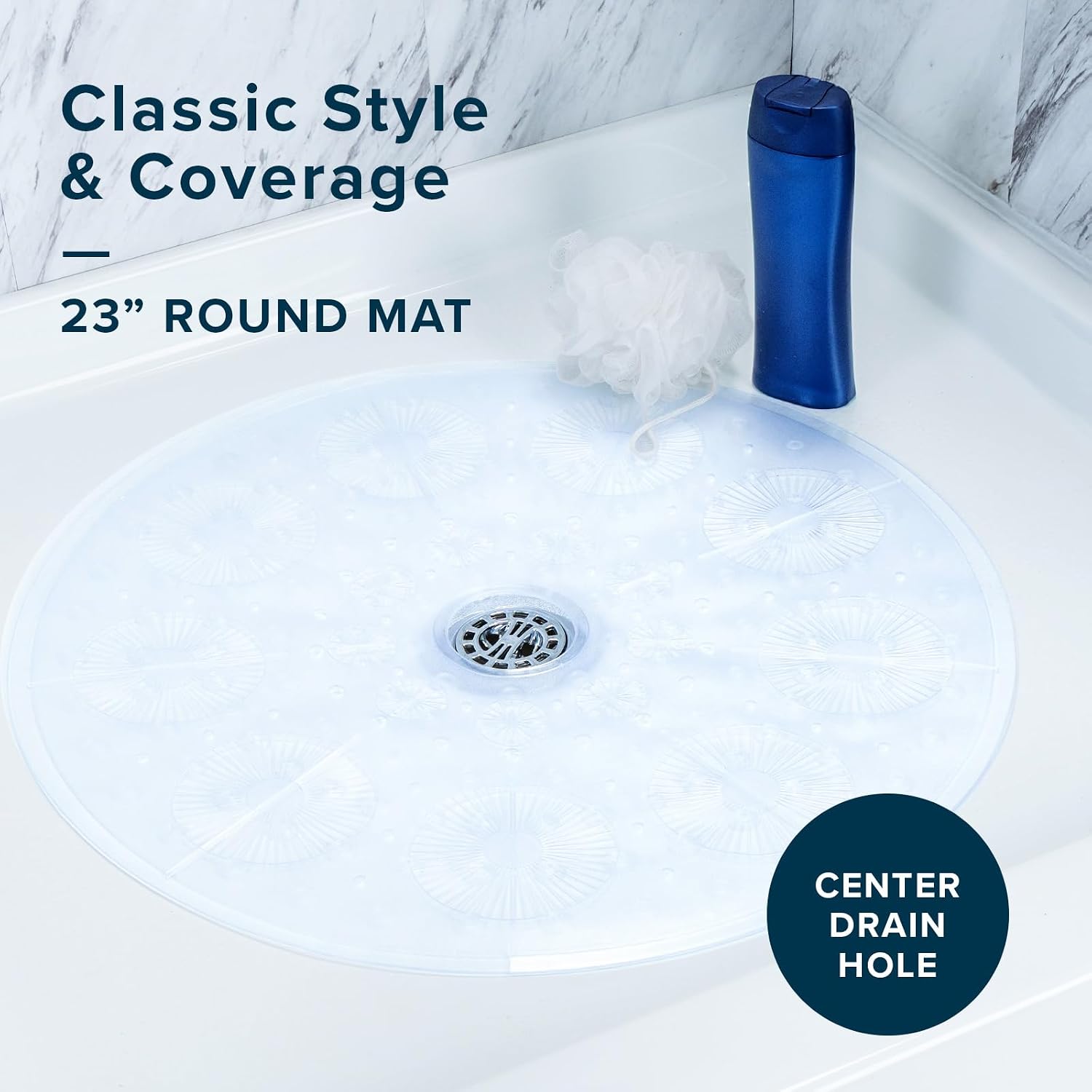 SlipX Solutions Power Grip Round Vinyl Standard Shower Stall Mat, 23” Round, Non-Slip for Elderly & Kids Bathroom, Essential Coverage, Drainage, 160 Suction Cups, Retro Style (1, Clear)