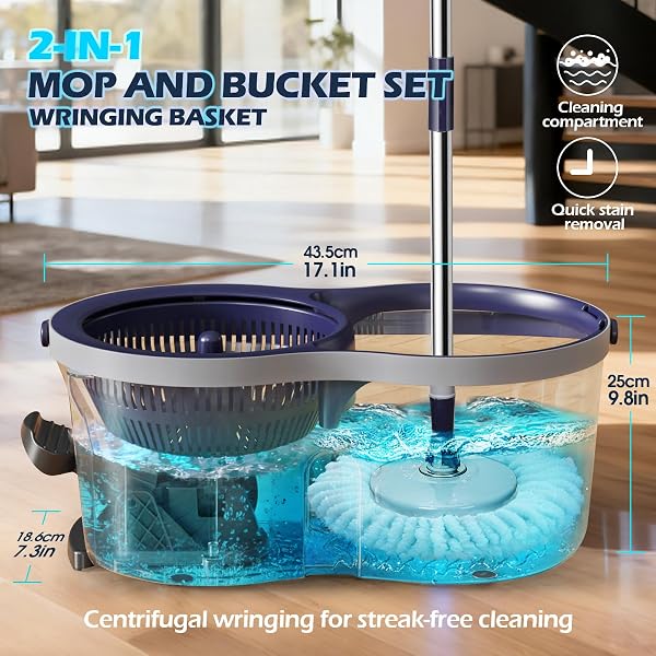 Masthome EasyWring - Set di mocio rotante e secchio, in microfibra, con 3 lavapavimenti a pedale e secchio con strizzatore, per la pulizia dei pavimenti, adatto per casa e ufficio - 2