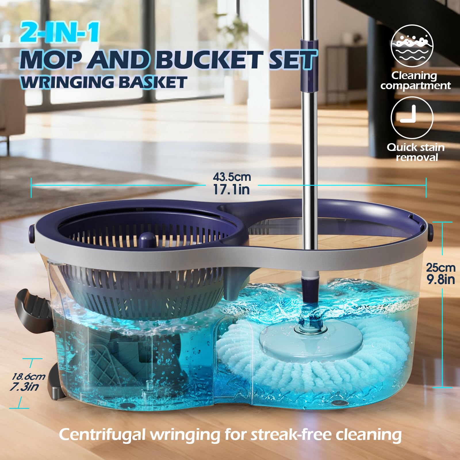 Masthome EasyWring - Set di mocio rotante e secchio, in microfibra, con 3 lavapavimenti a pedale e secchio con strizzatore, per la pulizia dei pavimenti, adatto per casa e ufficio - 3