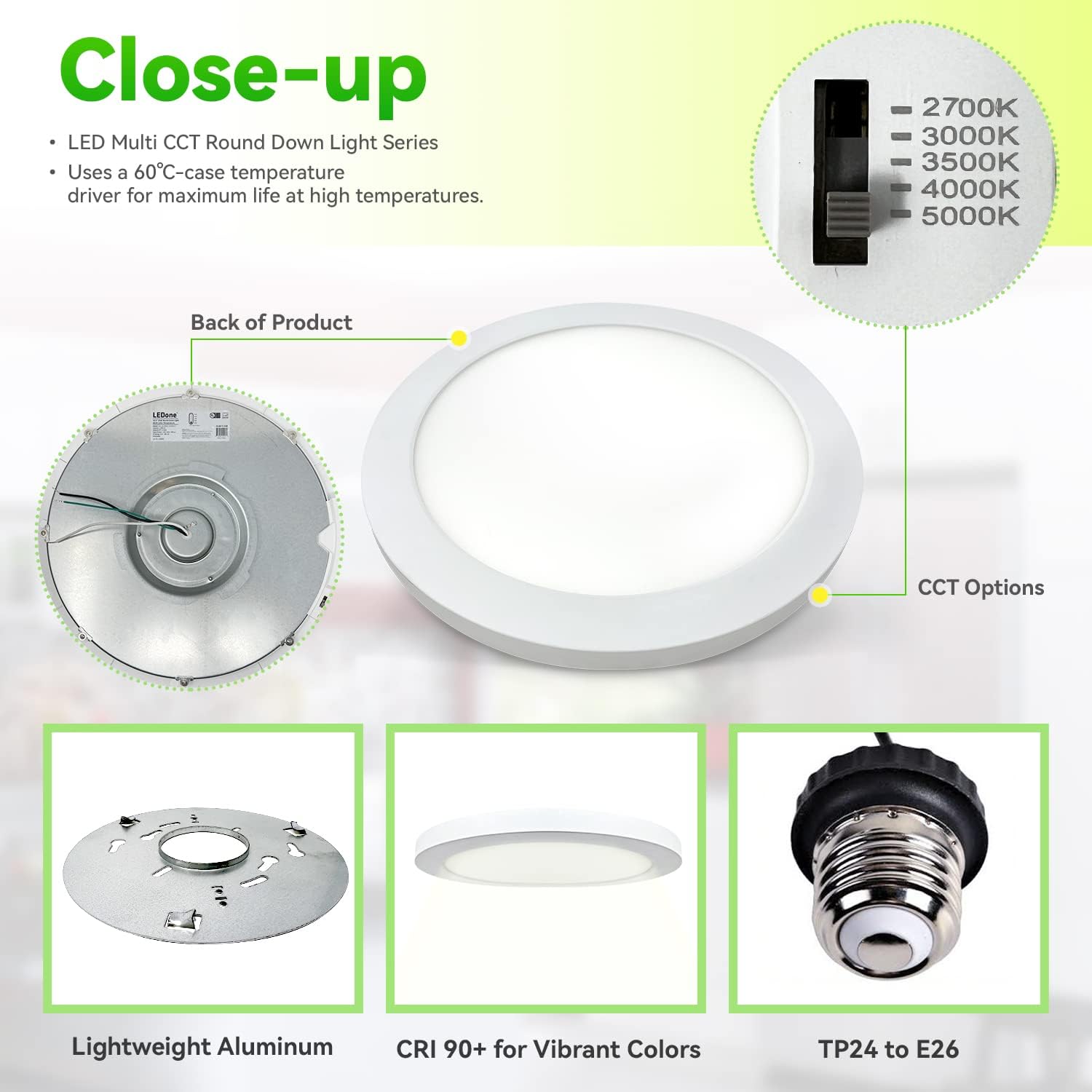 LEDONE 9 Inch LED Round Flat Panel Light, 1-10V Dimmable Ceiling Light, 5 Selectable CCT 2700K to 5000K Recessed Downlight, 1300LM, 17W, UL Energy Star Listed, 6PK, White, 9RDDL
