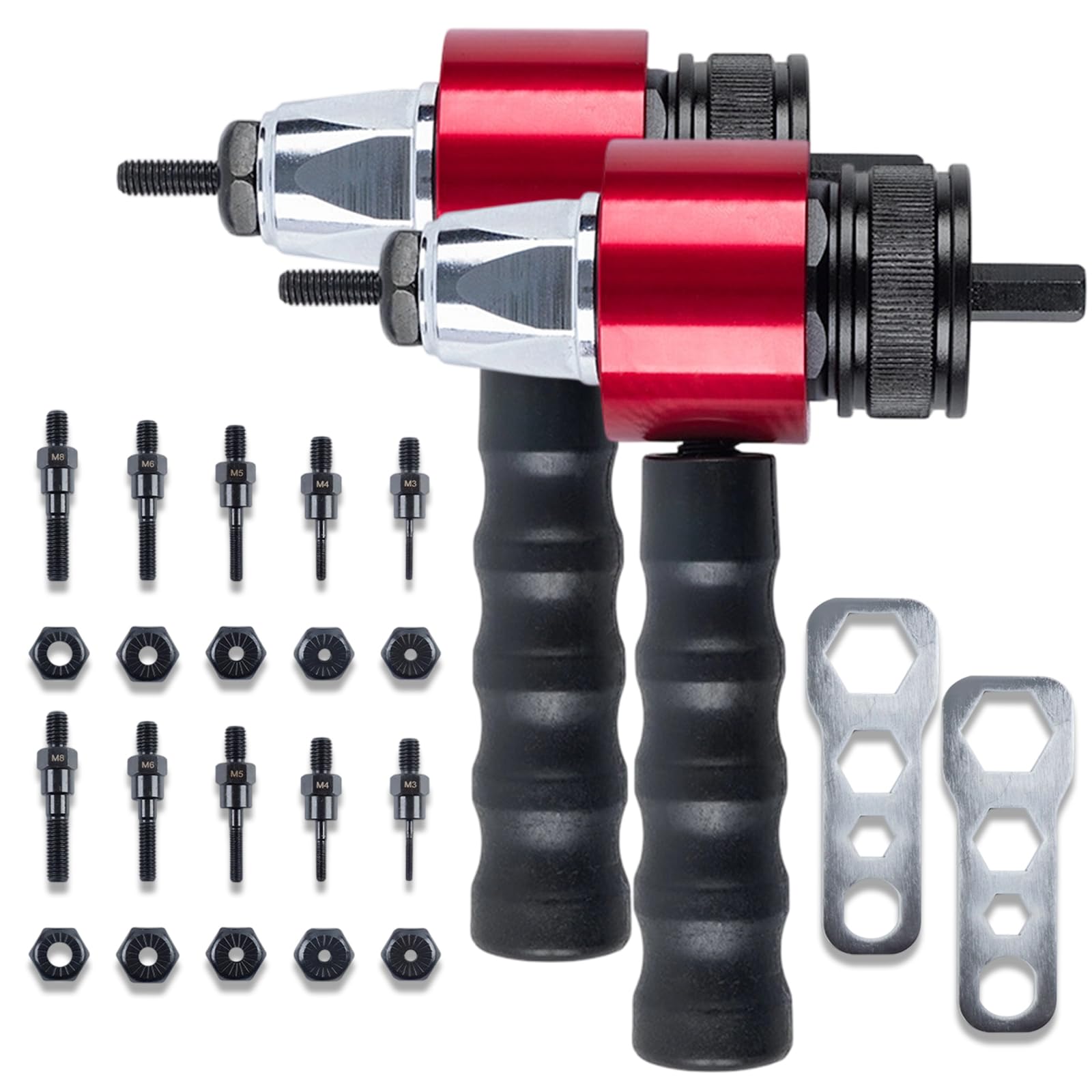 M3-M8 - Kit adattatore per pistola rivettatrice elettrica, adattatore per trapano per rivetti, pistola rivettatrice automatica con custodia per il trasporto, kit di utensili per inserti filettati SAE