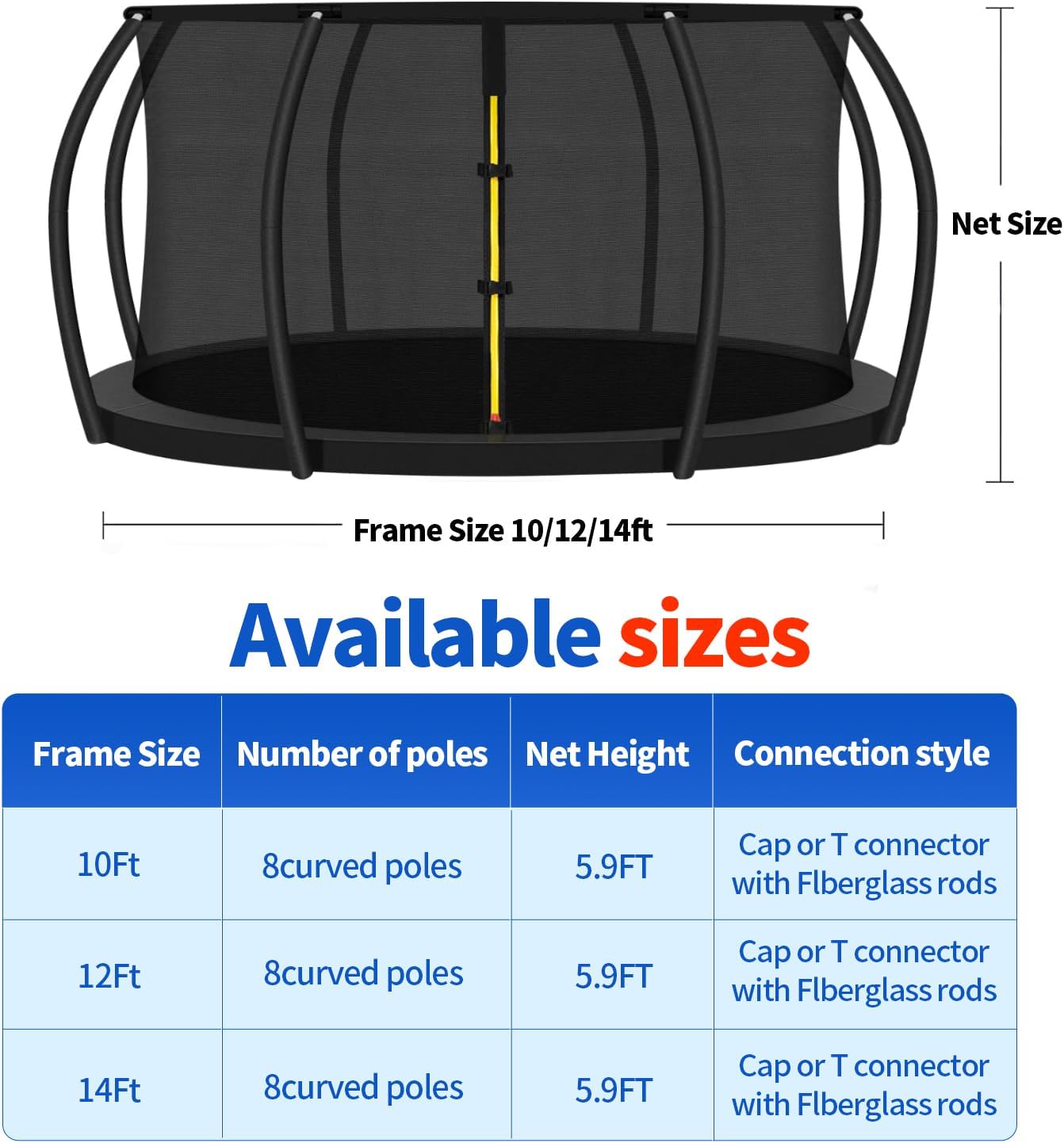 Top Ring Trampoline Enclosure Net Replacement-for 8 Curved Poles Top Ring System, Round Safety Net Only, Trampoline Accessories with Protection Buckles Adjustable Straps Zipper