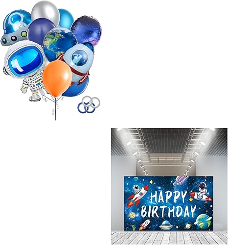 Decoraciones de fiesta de cumpleaños espacial juego de globos y pancarta de fondo
