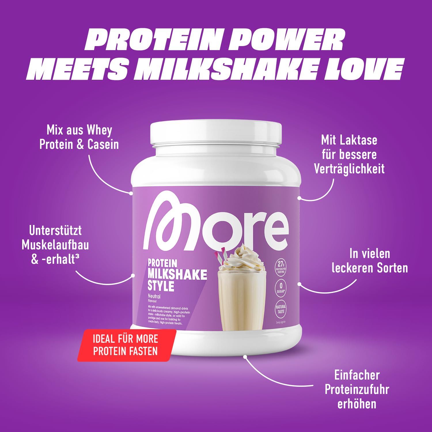 MORE Protein Milkshake, Vanilla Ice Cream, 750 g, Mix aus Whey Konzentrat und Casein, ideal zum Muskelaufbau und -erhalt, mit Laktase - made in Germany