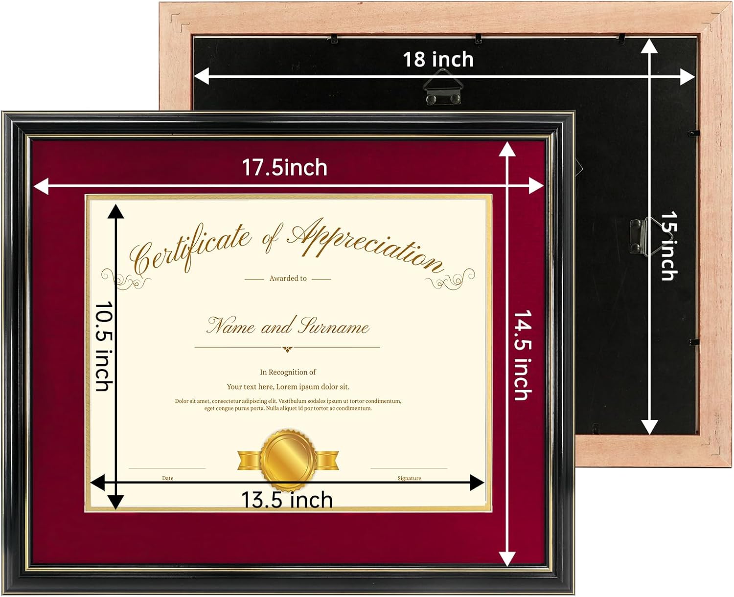15x18 Black Gold & Red Color Document Frame for 11x14 Diploma/Certificate/Picture, Includes Double Mat and UV Protection Acrylic (Red Over Gold Double Mat, 1-Pack)
