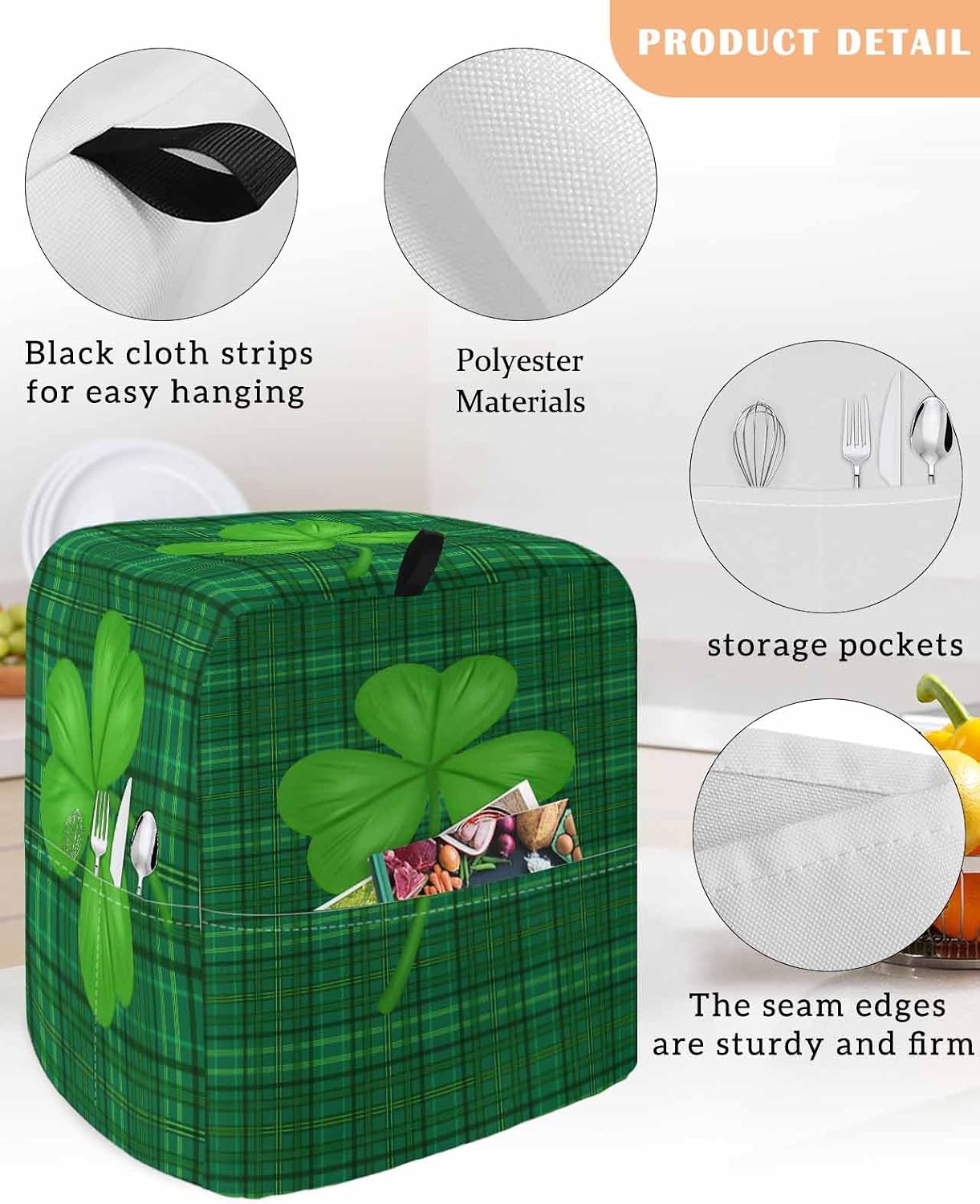St. Patrick's Day Stand Mixer Cover with Storage Pocket, Waterproof Kitchen Mixer Covers, Spring Green Shamrock Grass Checked Kitchen Appliance Dust Cover Compatible with 5-8 Quart Mixers