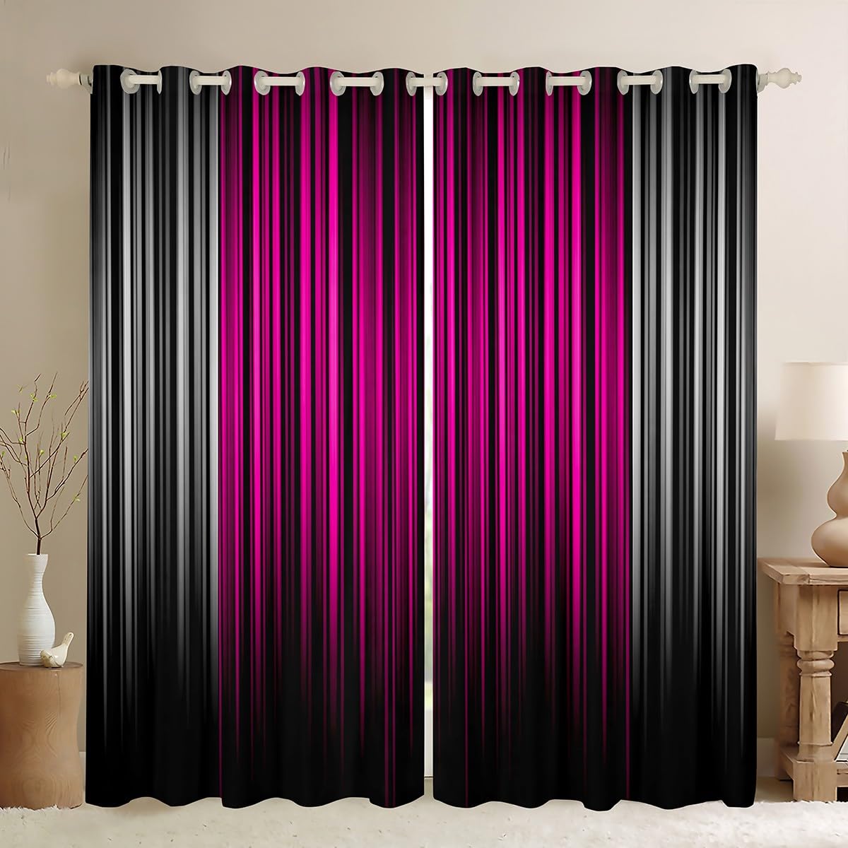 Homemissing Ombre Hot Pink Grey Black Curtains for Bedroom Living Room (2 Panels, W52*L90) Abstract Darkening Dreapes Decor Stripes Geometric Blackout Curtains Modern Striped Window Treatments