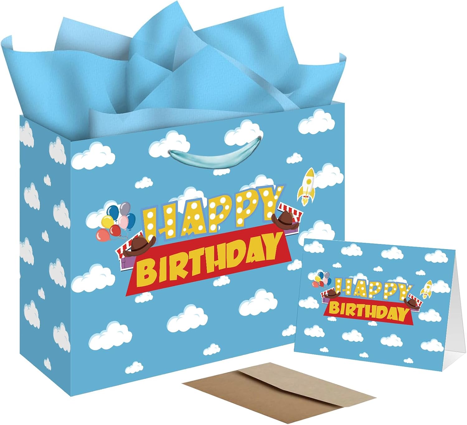 Blue Sky White Clouds Gift Bag - Extra Large Happy Birthday Bags with Card & Tissue Paper - Cheerful Cartoon Story Design for Kids Parties, Baby Showers & Celebrations