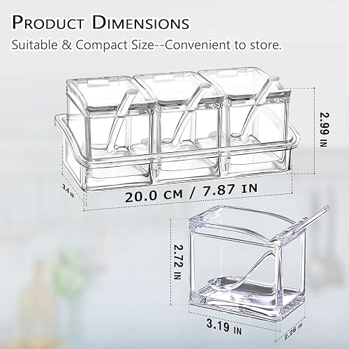 Vista 3 de V·RESOURCING Caja de condimentos transparente, 3 piezas de recipientes de especias con soporte para condimentos, sal y azúcar, con 3 cucharas