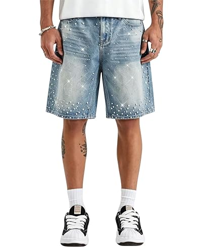 Jean Shorts Men Rhinestone Baggy Straight Leg Jorts Glitter Loose