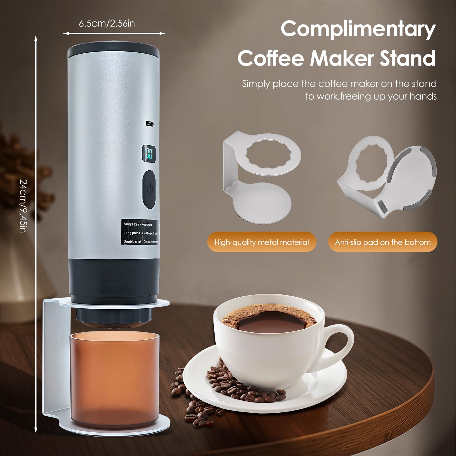 RoserRose Caffettiera Portatile, Macchina per Caffè Viaggio - Senza Fili & Auto-Riscaldante - Con Batteria 7800mAh, 15 Bar di Pressione - Compatibile con NS/DG/Caffè Macinato (Grigio)