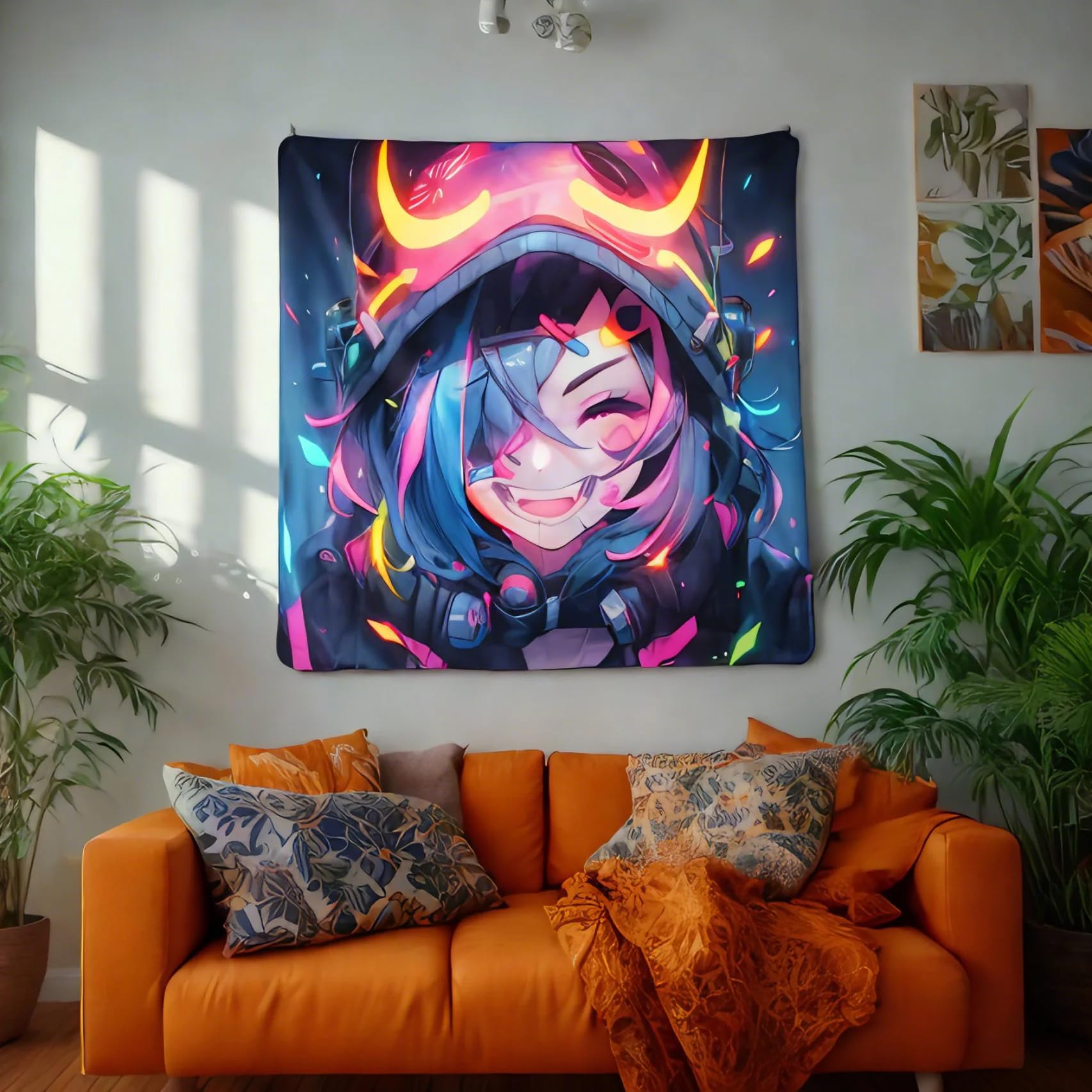 HOUHUANG Dipinti appesi, arazzi, murales e dipinti decorativi, anime fluorescenti, cartoni animati, materiale in poliestere (150cmx 150cm) per famiglie, bar e feste all'aperto (Strange Girl)