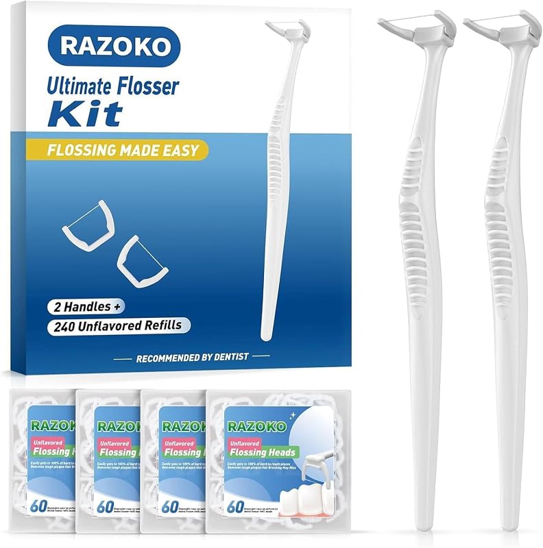 RAZOKO Long Handle Dental Flosser Kit (2 White Handles + 240 Refills) | Extra Strong Shred-Resistant Floss Picks for Hard-to-Reach Teeth, PTFE & PFAS Free