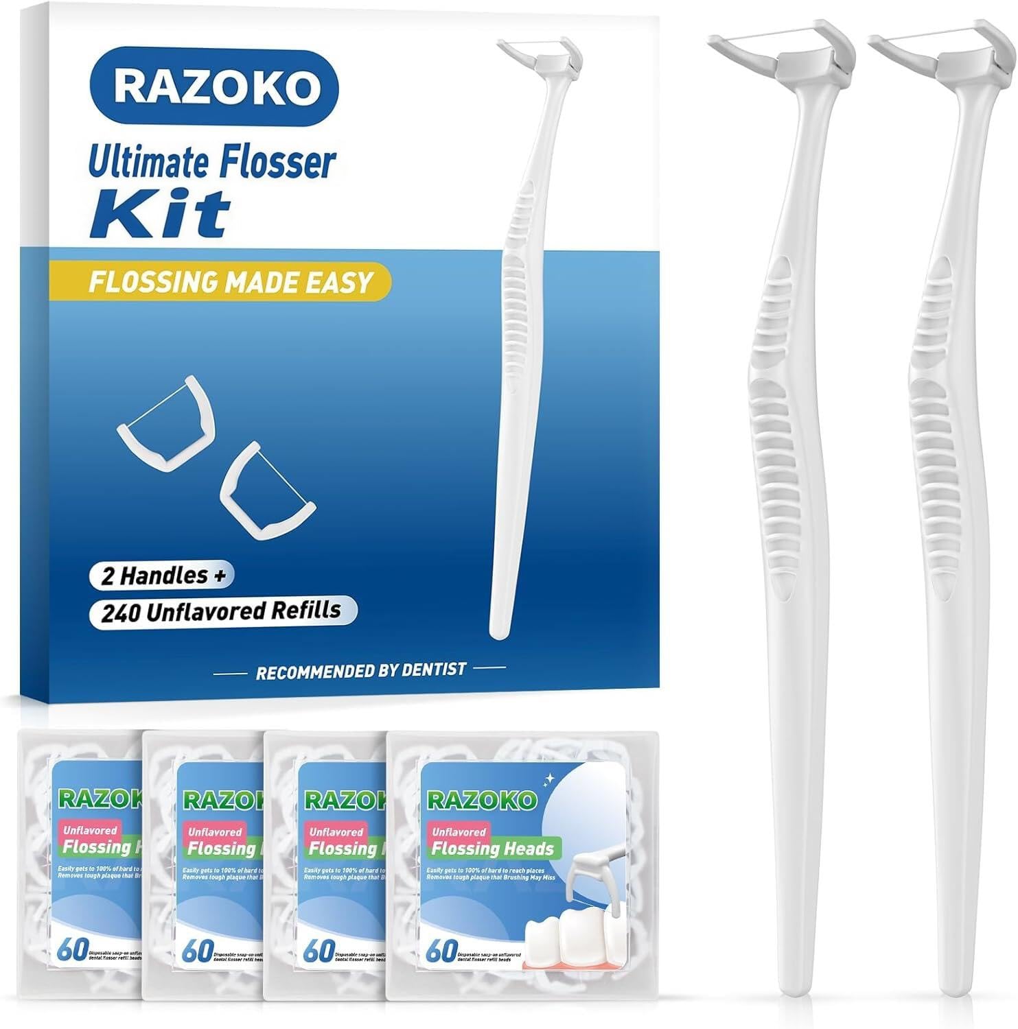 RAZOKO Ultimate Flosser Kit, Clean Dental Floss Picks (2 Handles & 240 Refills)