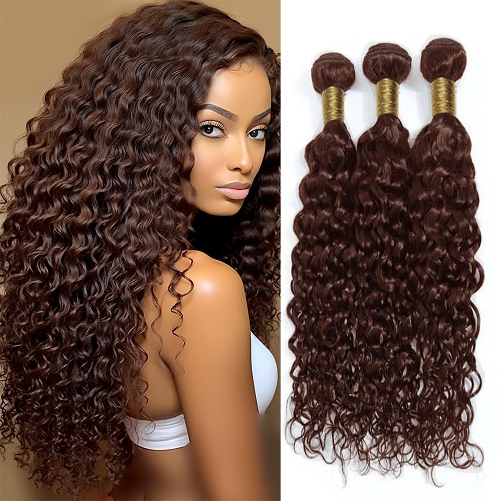 Color 4 Chocolate Brown Water Wave Bundles Human Hair Dark Brown Deep Water Bundles Double Weft Brazilian Hair Extensions Silky and Soft for Women (28 30 32 inch 3 Bundles)