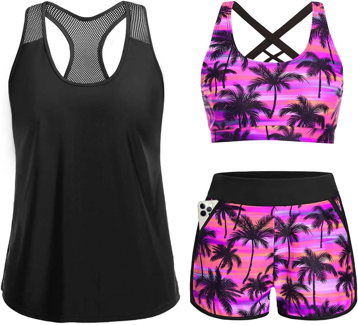 Women 3 Piece Tankini Swimsuit - Mesh Racerback Tank Top with Sports Bra and Pocketed Boyshorts Athletic Bathing Suits