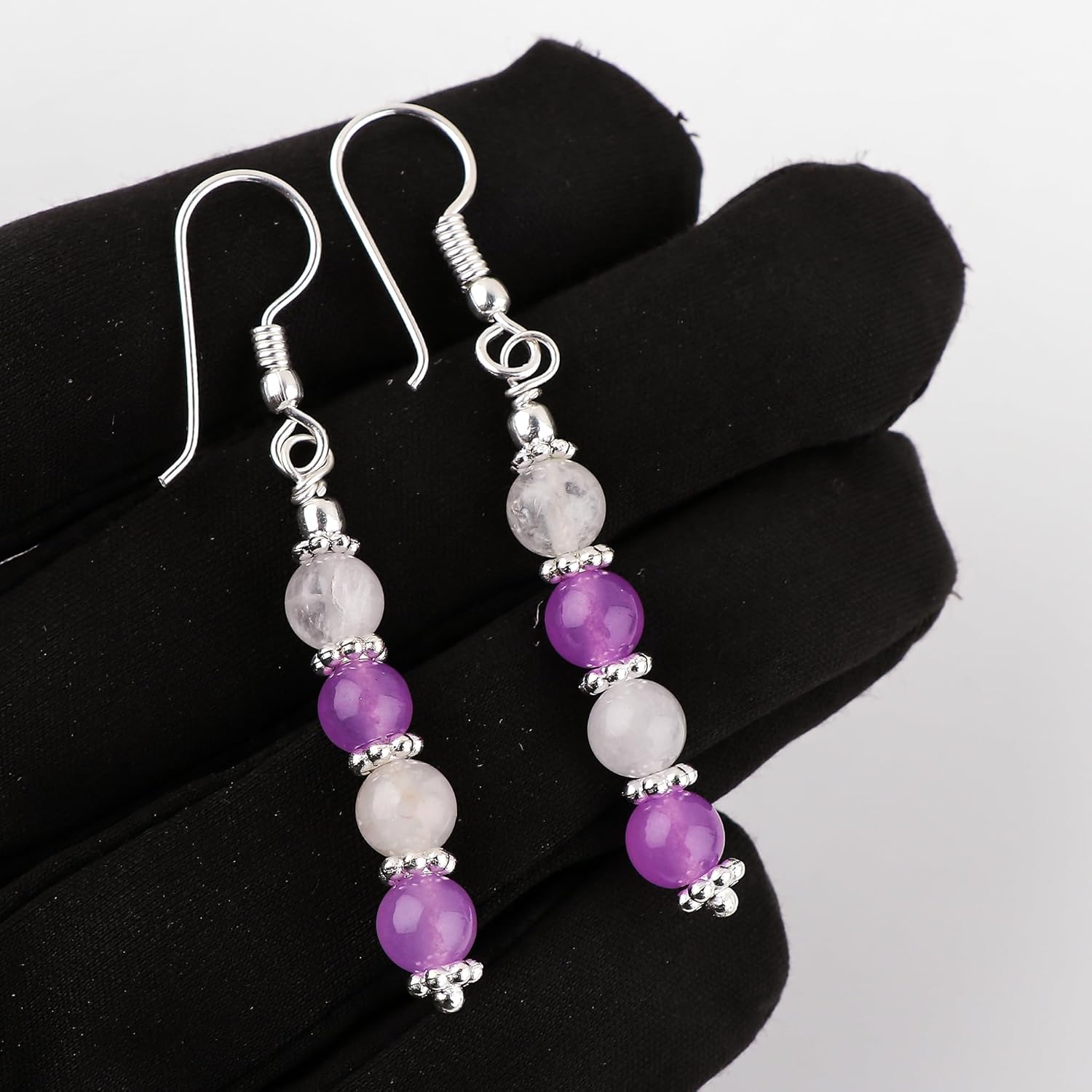 Natural Amethyst & Rose Quartz Gemstone Earrings, Bohemian Silver Jewelry, Handmade Crystals Earring, Healing Stones, Simple Earring Gift for Women (Approx.1.50 inch) - Image 3