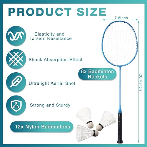 Miniatura 2 de woanger Juego de 8 raquetas de bádminton con 12 raquetas de bádminton para adultos y adolescentes, juego de bádminton para patio trasero, gimnasio