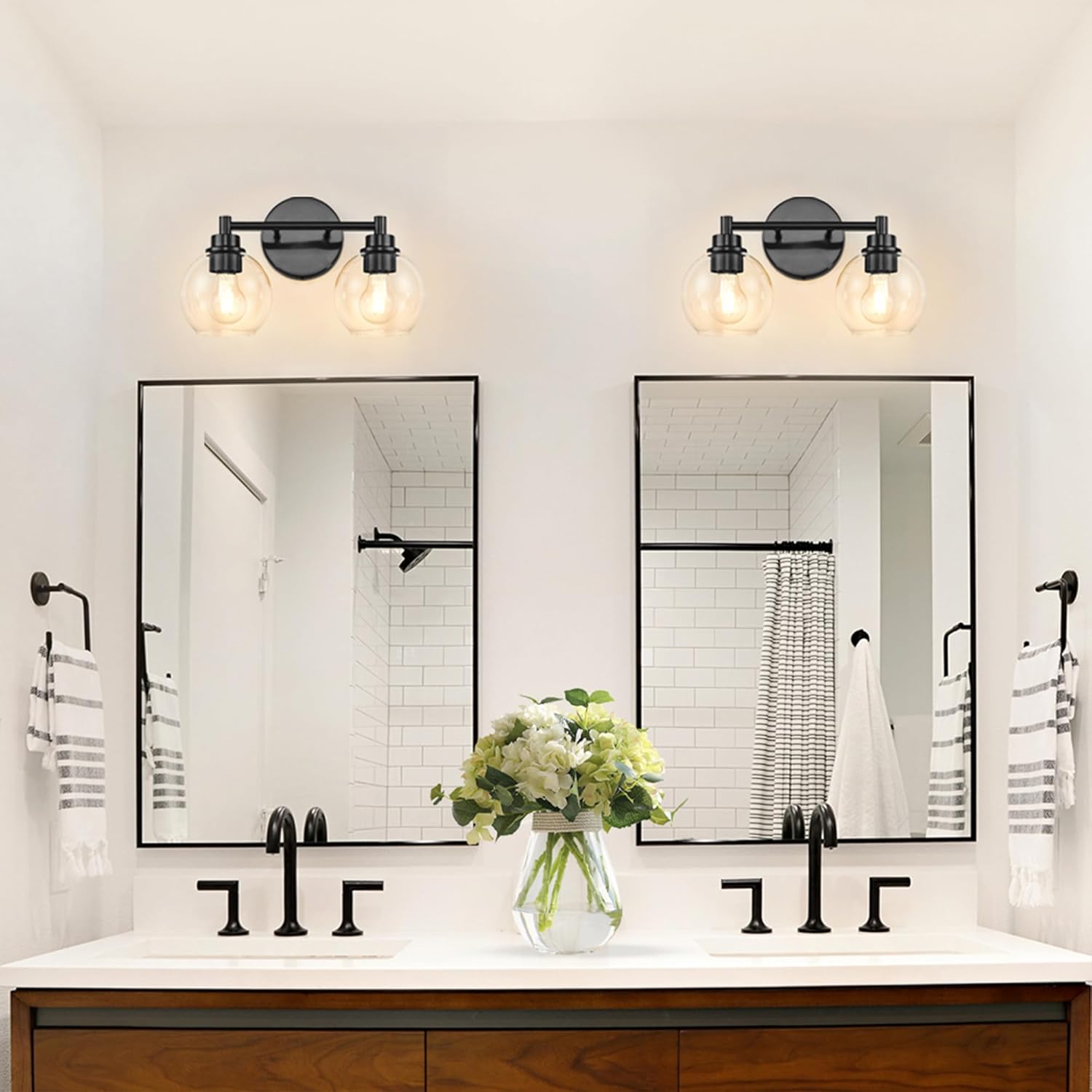 Black Bathroom Vanity Lights, 2-Light Wall Sconce with Glass Globe Shade, Vanity Lighting for Bathroom/Bedroom/Dressing Room, Vertical/Horizontal Mounted, E26 Bulb Base (Bulb Not Included)