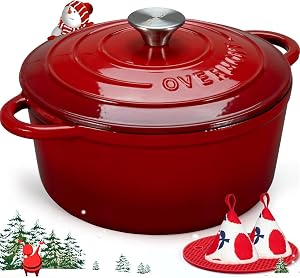 Overmont Olla de Hierro Fundido - Antiadherente Cacerola Holandesa de Esmaltado con Tapa - Ø26 CM Redonda Cacerola Holandesa para Cocinas de Inducción - Rojo