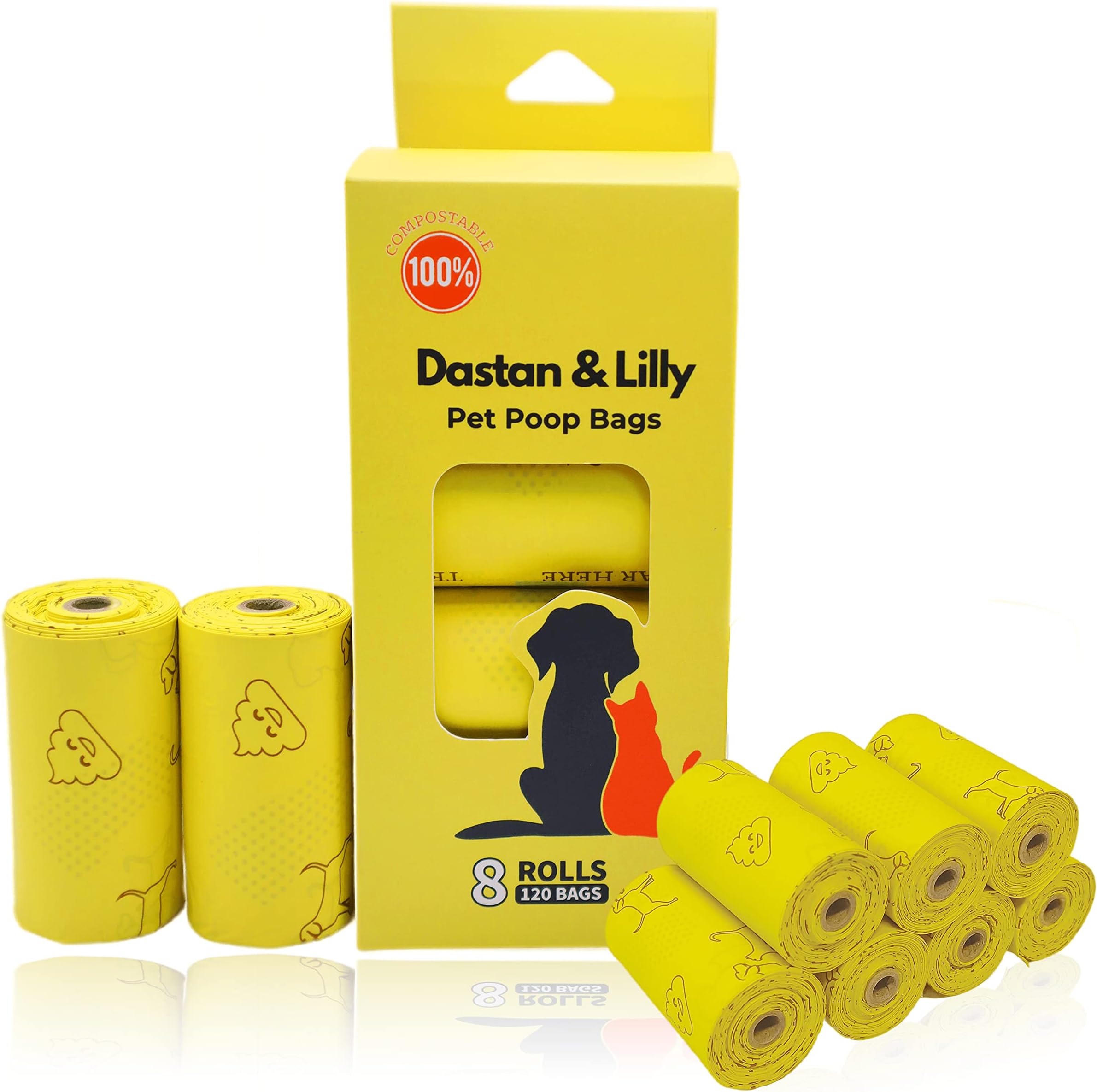 Dog Poo Bags - 120 Bags, 8 Rolls Of 15 | Dastan & Lilly Compostable Dog and Cat Poop Bags | Made of Corn Starch | Dispenser Compatible Dog and Cat Poo Bags, Biodegradable, Compostable, Yellow