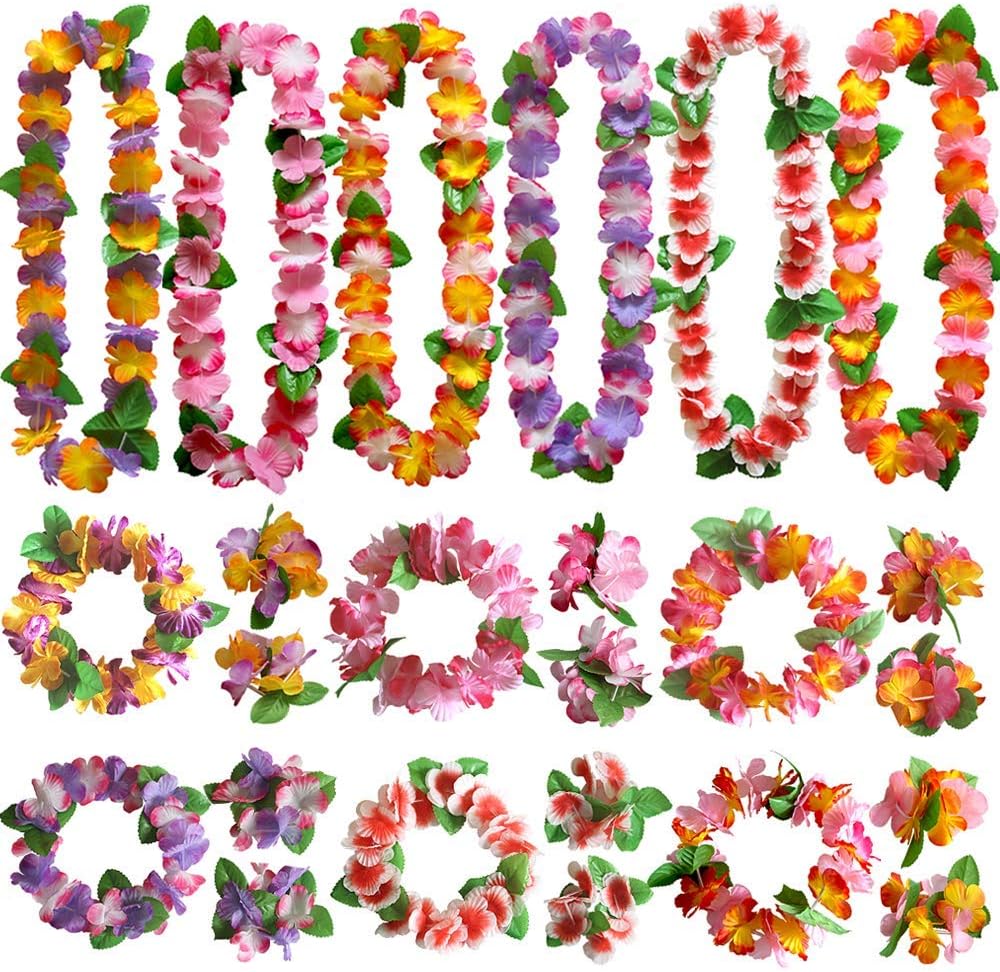 Benting 24 PCS Hawaiian Wreath Headband Wristbands Tropical Hawaii Necklace Headpiece Bracelets Wedding Vacation Summer Beach Carnival Party Decorations