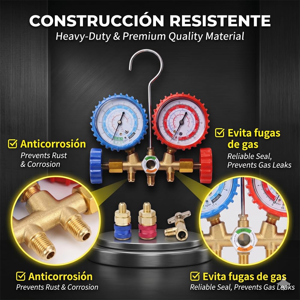 Set de Manómetros R134a para Aire Acondicionado de Coche - Kit de Recarga con 3 Mangueras de 90cm, Acopladores Rápidos y Válvula de Lata Perforadora - Herramienta de Diagnóstico AC Profesional