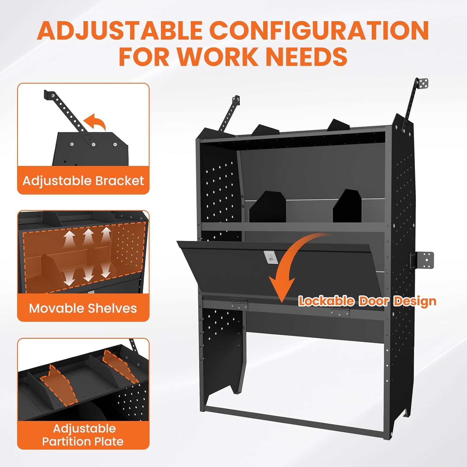 Adjustable Cargo Van Shelving with Lockable Door and Hooks, Heavy Duty Steel Storage 32" W x 46" H x 13" D, Fits Transit, ProMaster, Chevy Express, GMC Savana, Sprinter, Low/Mid/High Roof