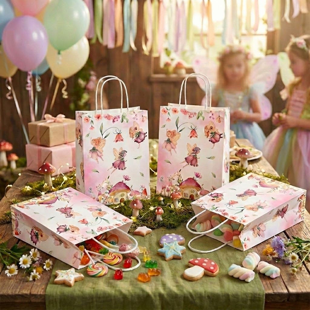 24 Pcs Fairy Party Favor Bags with Handles, Woodland Mushroom Goodie Gift Candy Treat Paper Bags for Kids Girls Baby Shower Birthday Party - Image 4
