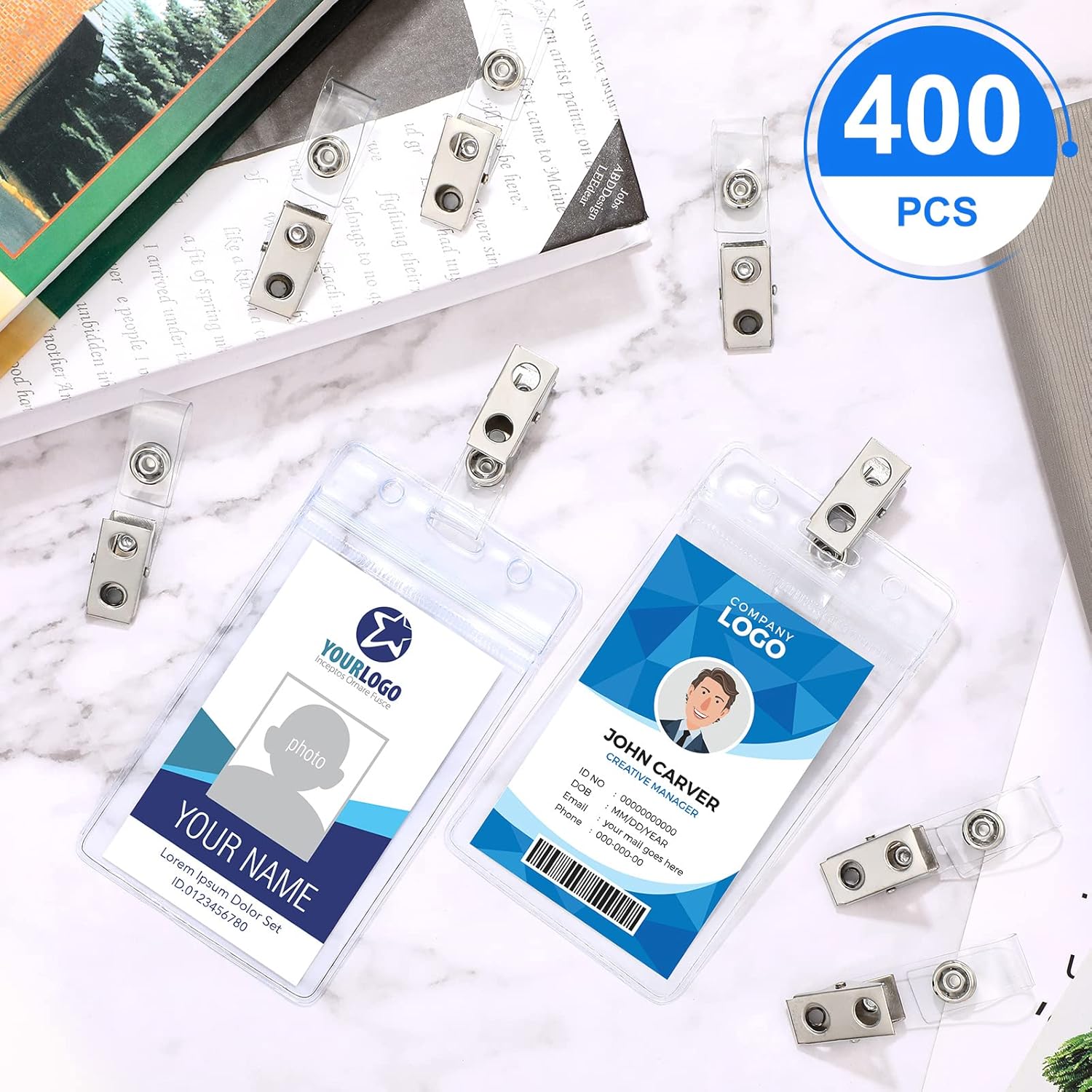 Marspark 400 Pack Metal Badge Clips with PVC Straps Double Hole ID Badge Clips for Name Tag ID Cards Holders, Office Supplies(Silver)
